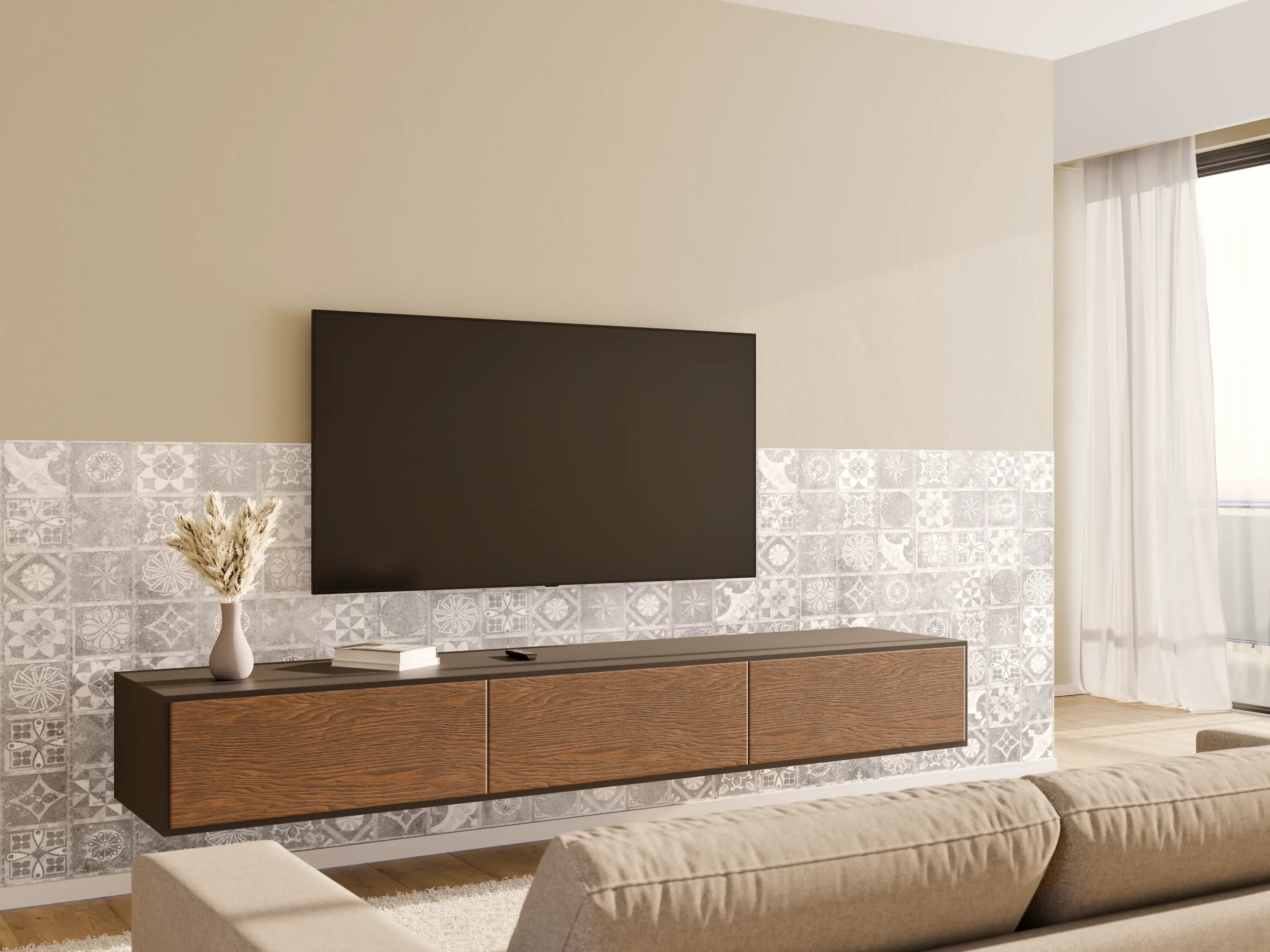 Wandverkleidung Wohnzimmer - Elegantes Fliesenmuster in Grau und Weiß