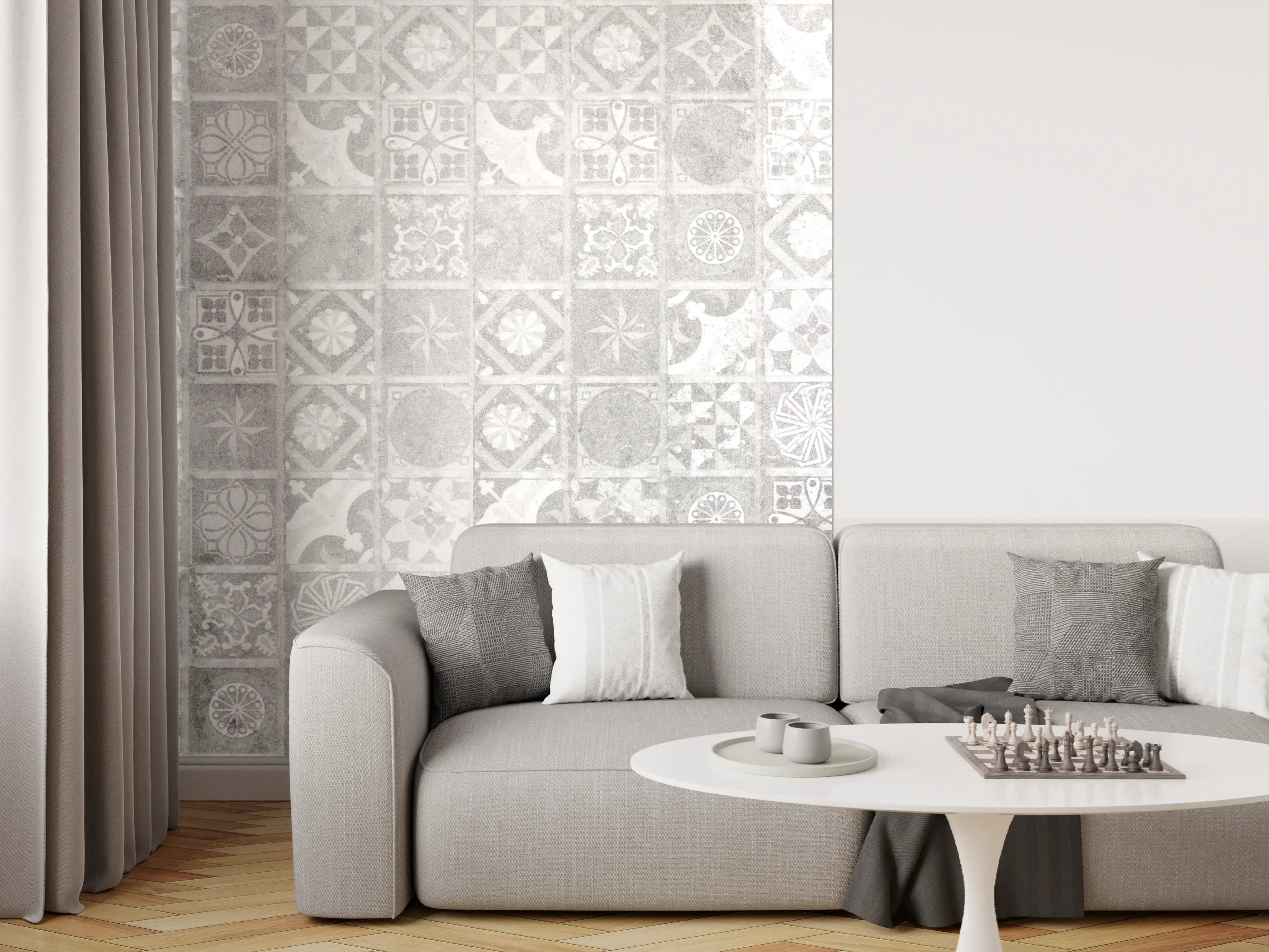 Wandverkleidung Wohnzimmer - Elegantes Fliesenmuster in Grau und Weiß