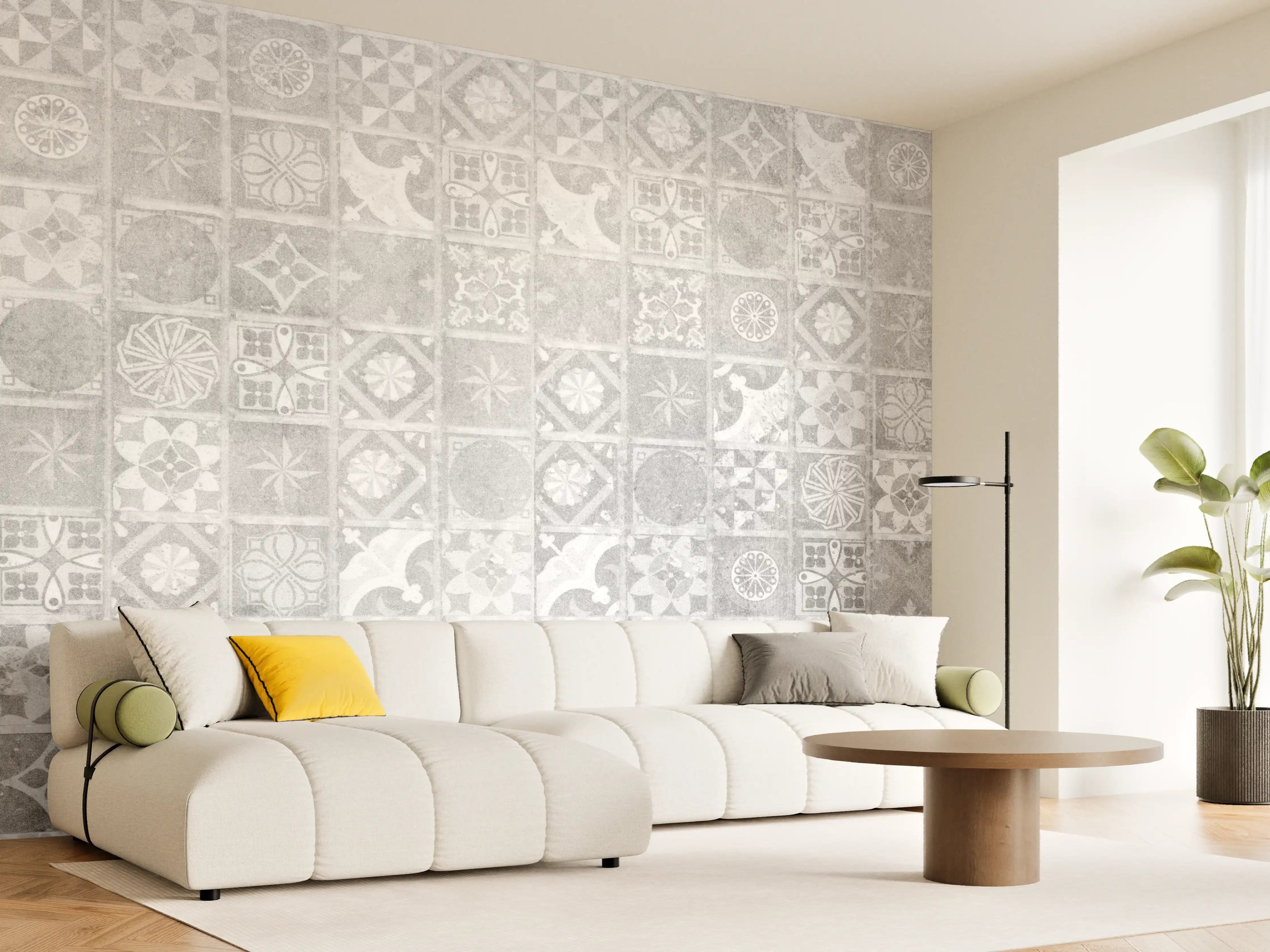 Wandverkleidung Wohnzimmer - Elegantes Fliesenmuster in Grau und Weiß