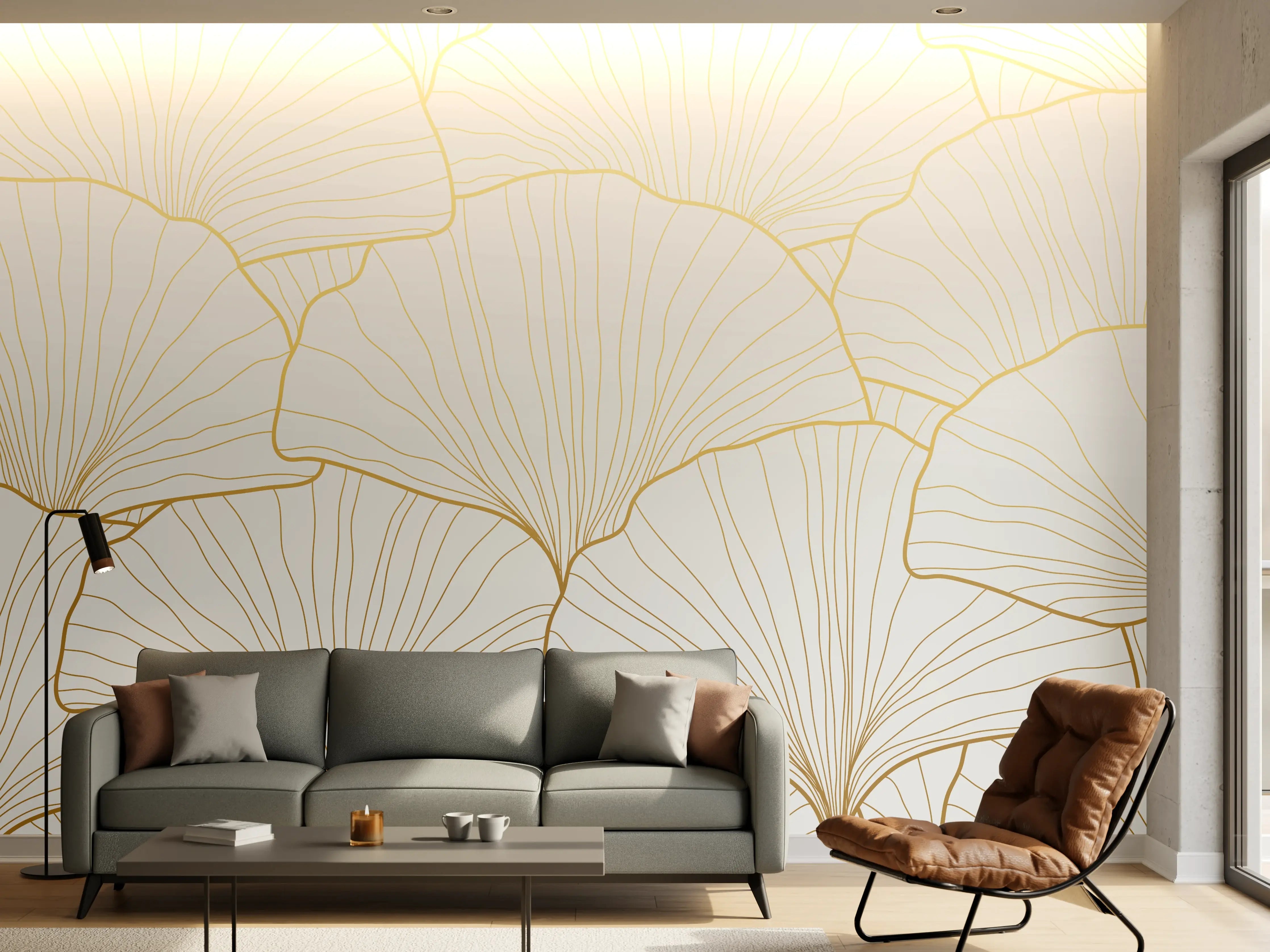 Wandverkleidung Wohnzimmer - Elegantes Ginkgo-Blatt Design Weiß-Gold
