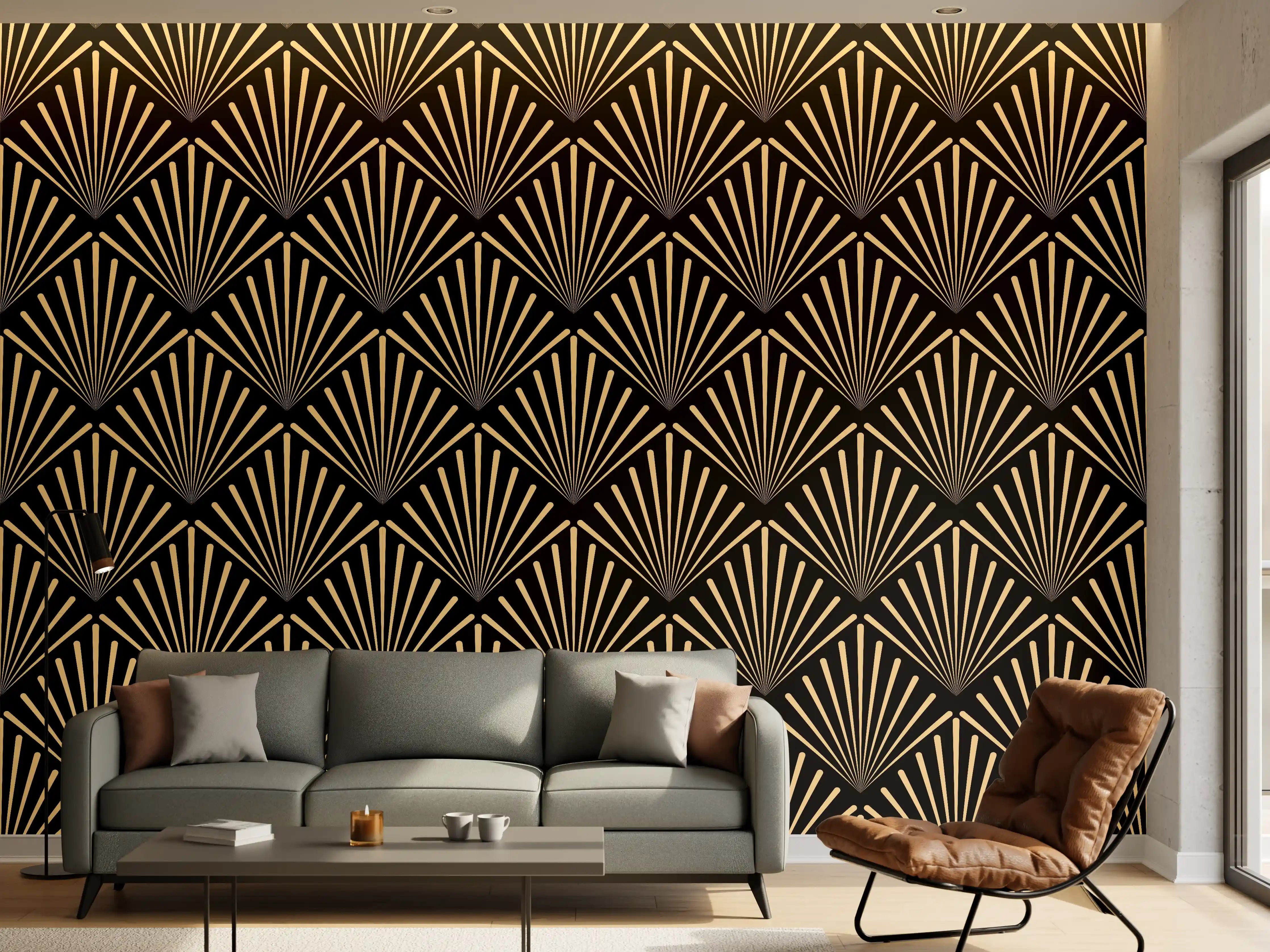 Wandverkleidung Wohnzimmer - Elegantes Gold-Design auf schwarzem Hintergrund