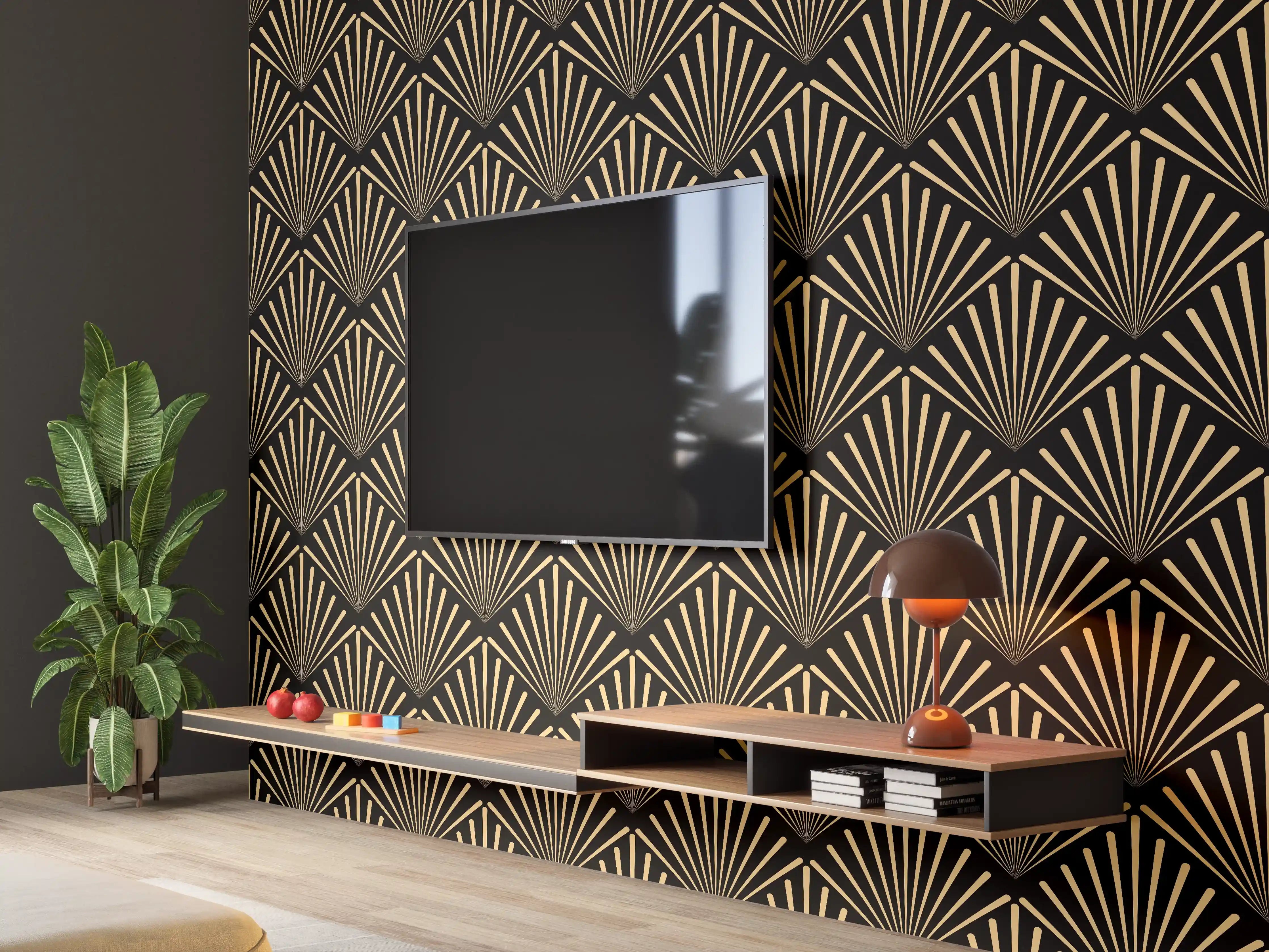 Wandverkleidung Wohnzimmer - Elegantes Gold-Design auf schwarzem Hintergrund