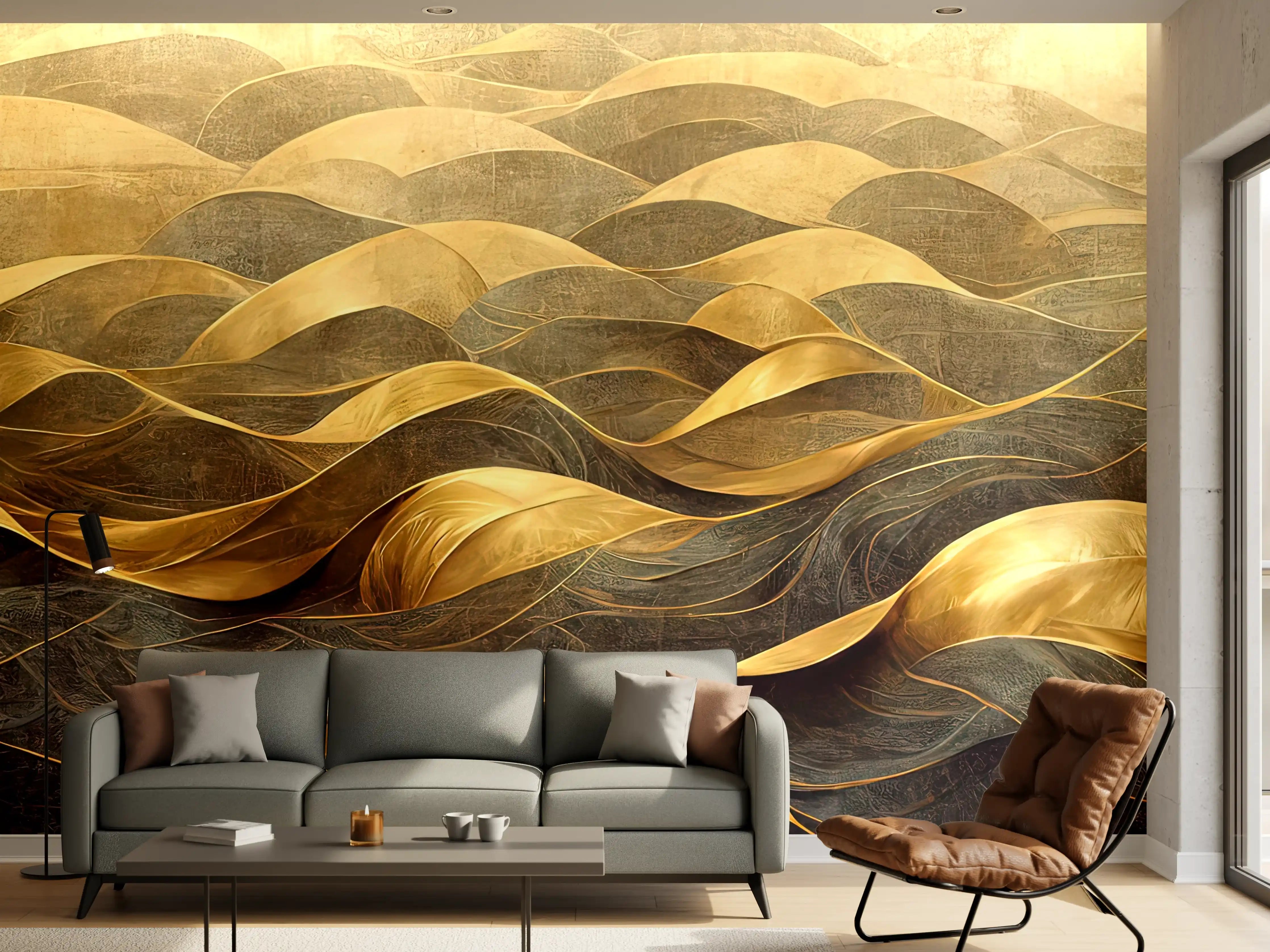 Wandverkleidung Wohnzimmer - Elegantes Gold-Ton Design mit Wellenmuster