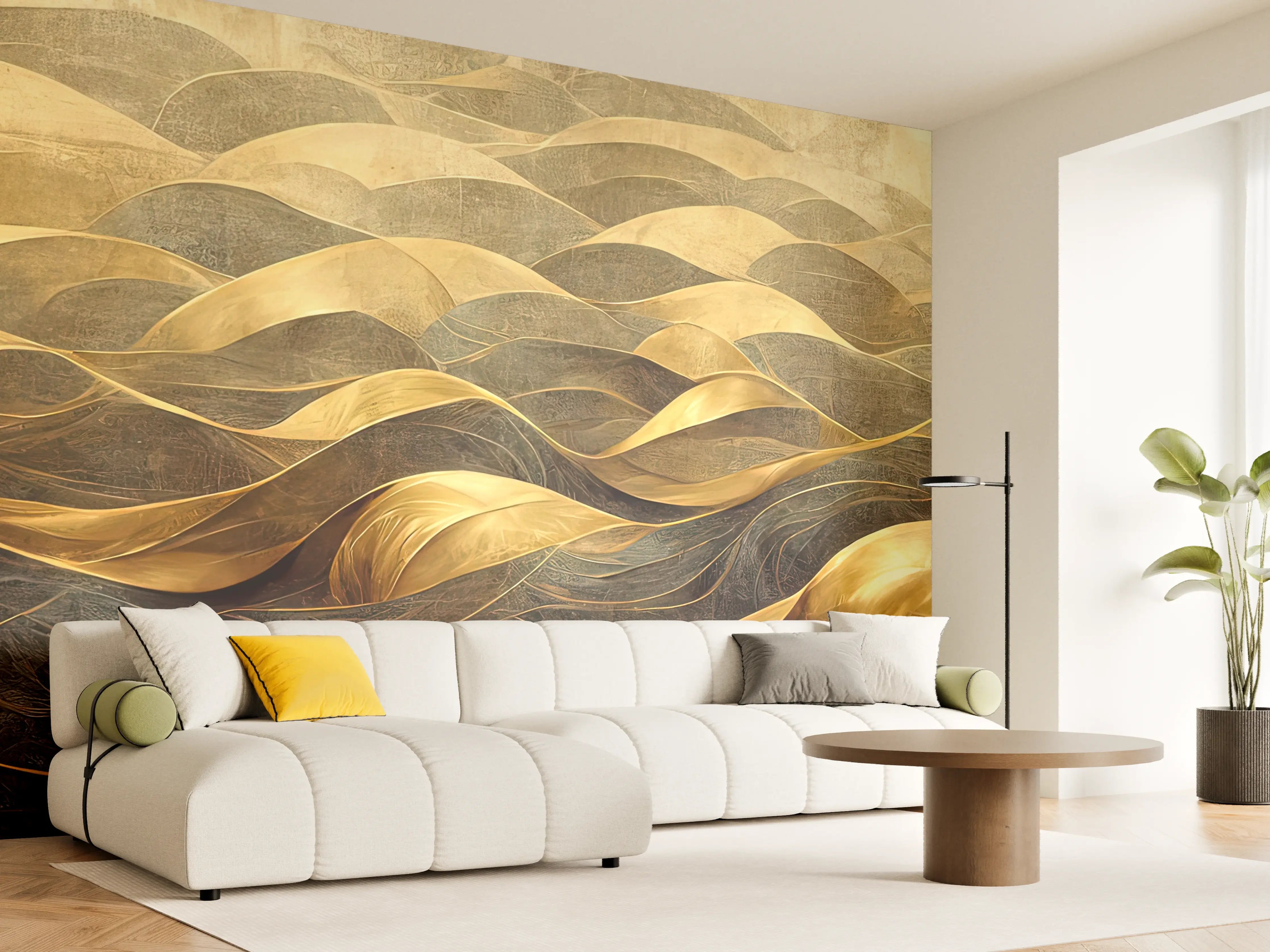 Wandverkleidung Wohnzimmer - Elegantes Gold-Ton Design mit Wellenmuster