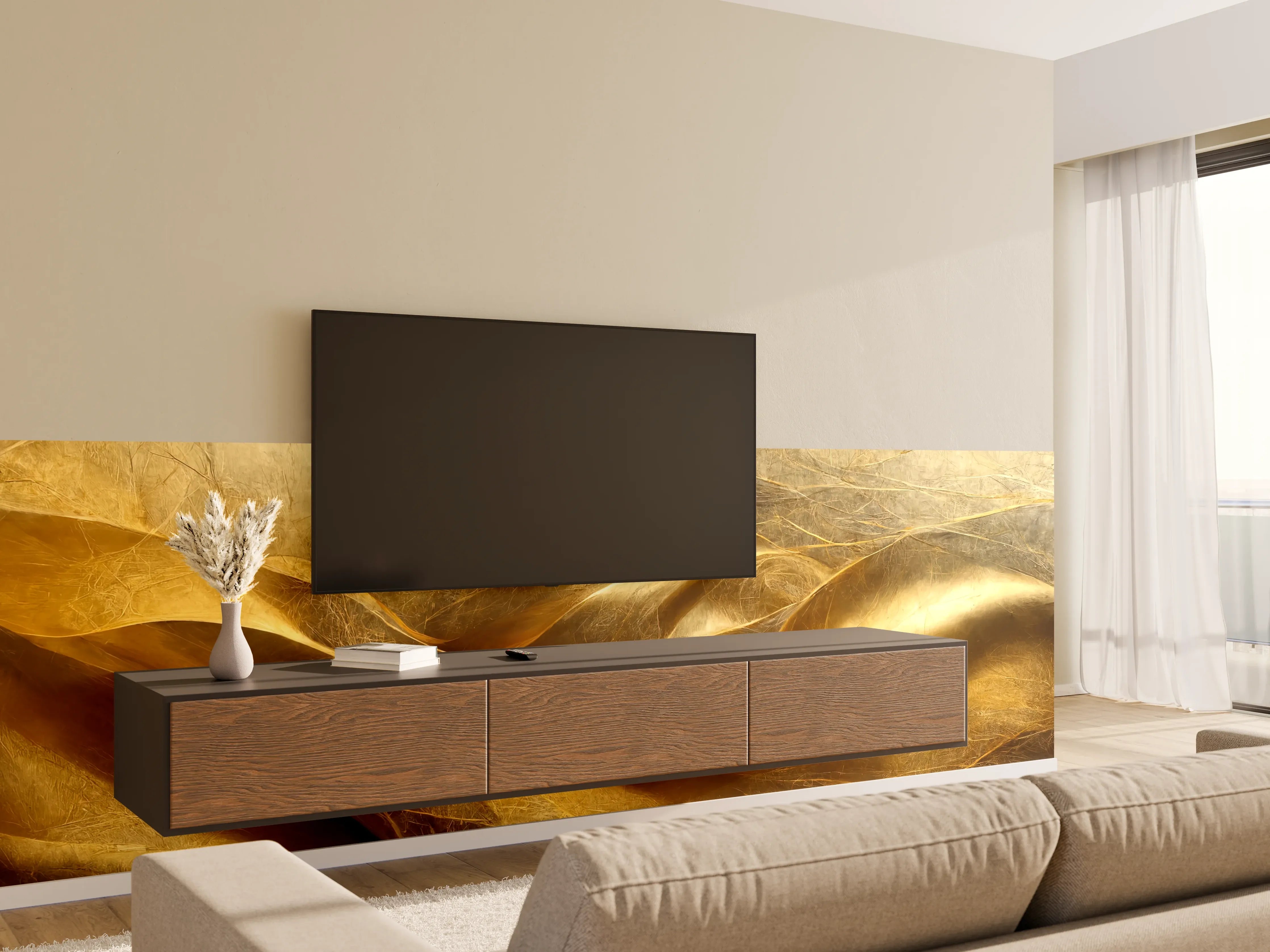 Wandverkleidung Wohnzimmer - Elegantes Goldenes Stoffmuster