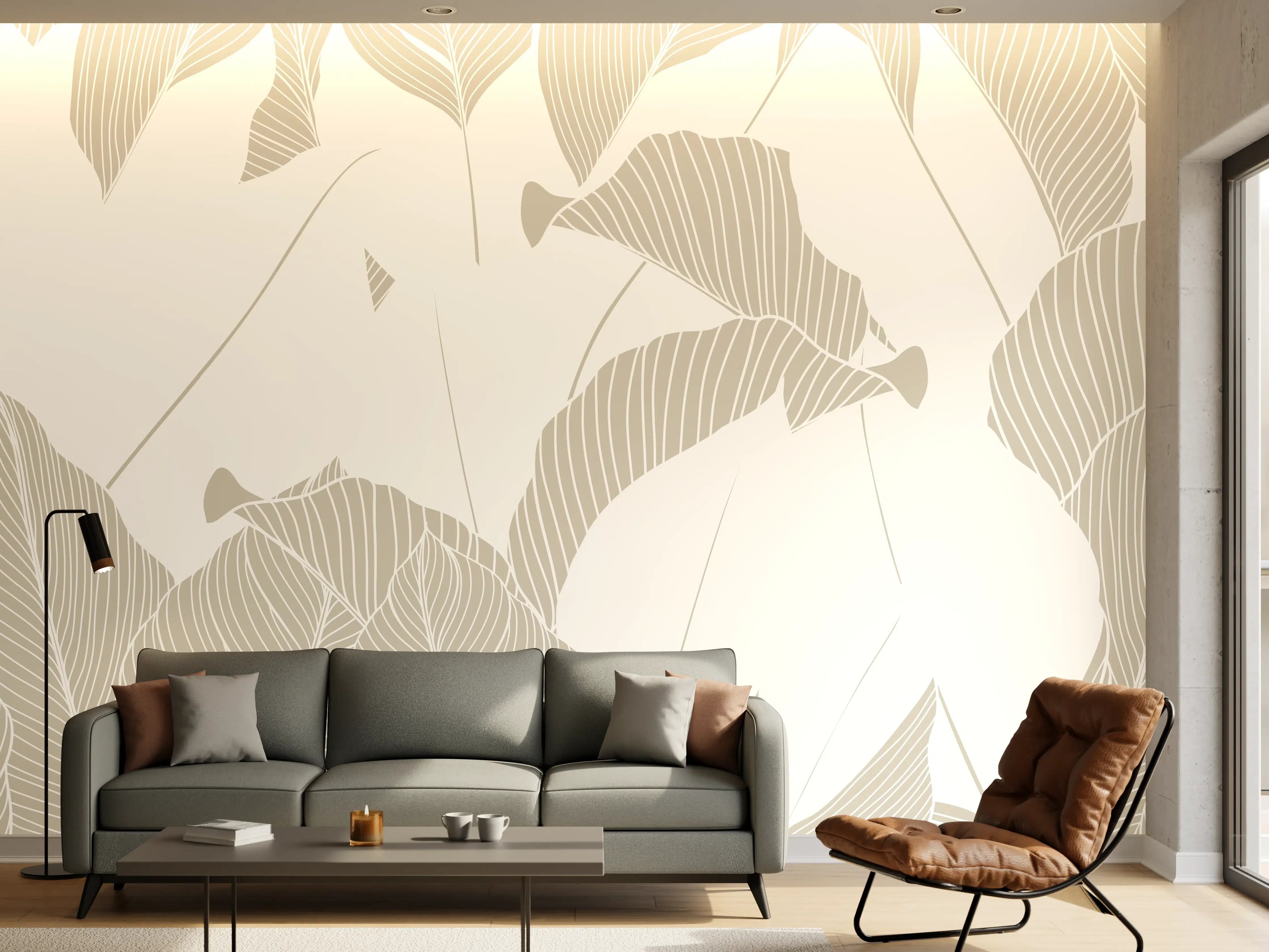 Wandverkleidung Wohnzimmer - Elegantes Grau-Weiß Blattmuster