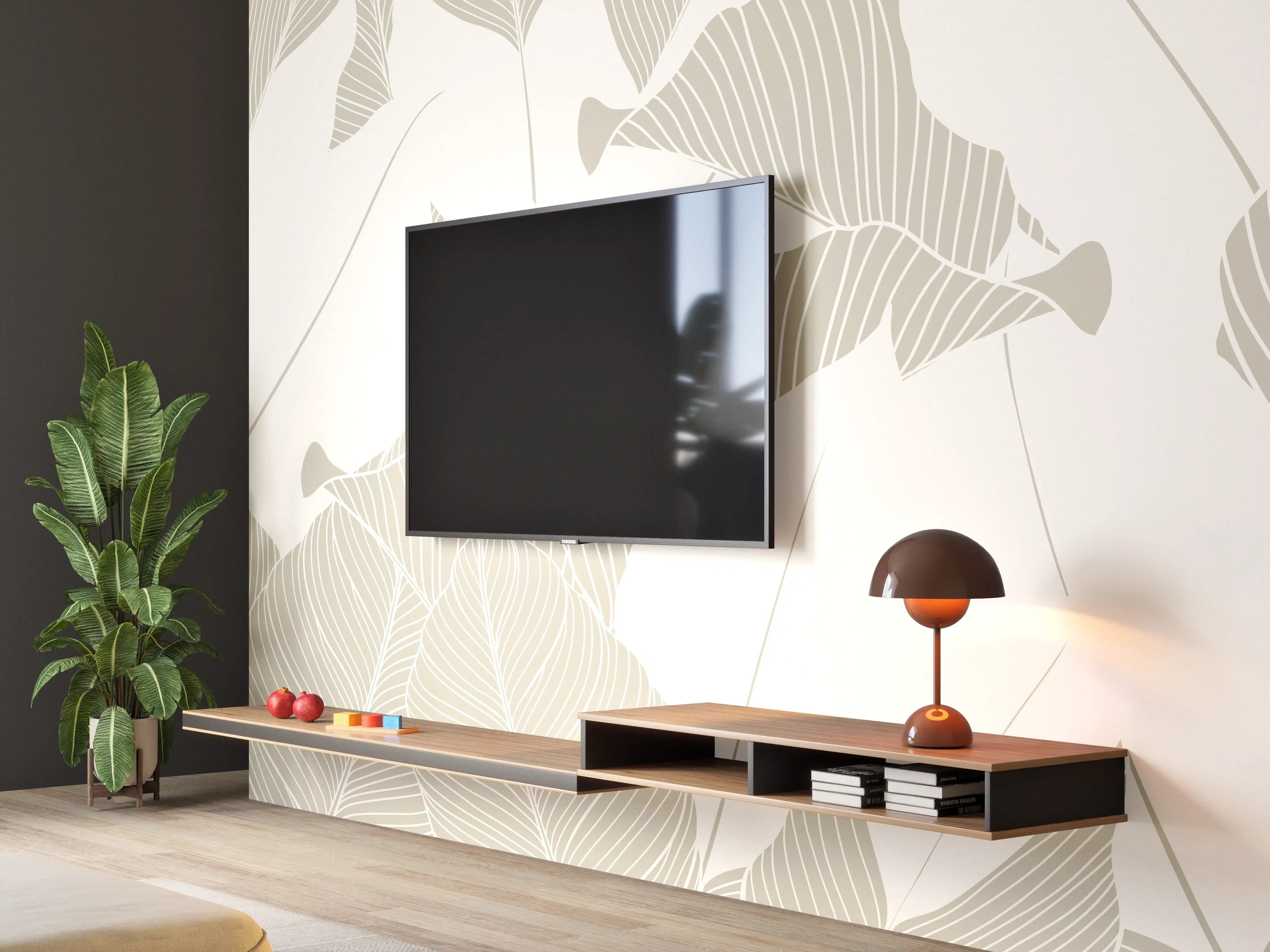 Wandverkleidung Wohnzimmer - Elegantes Grau-Weiß Blattmuster