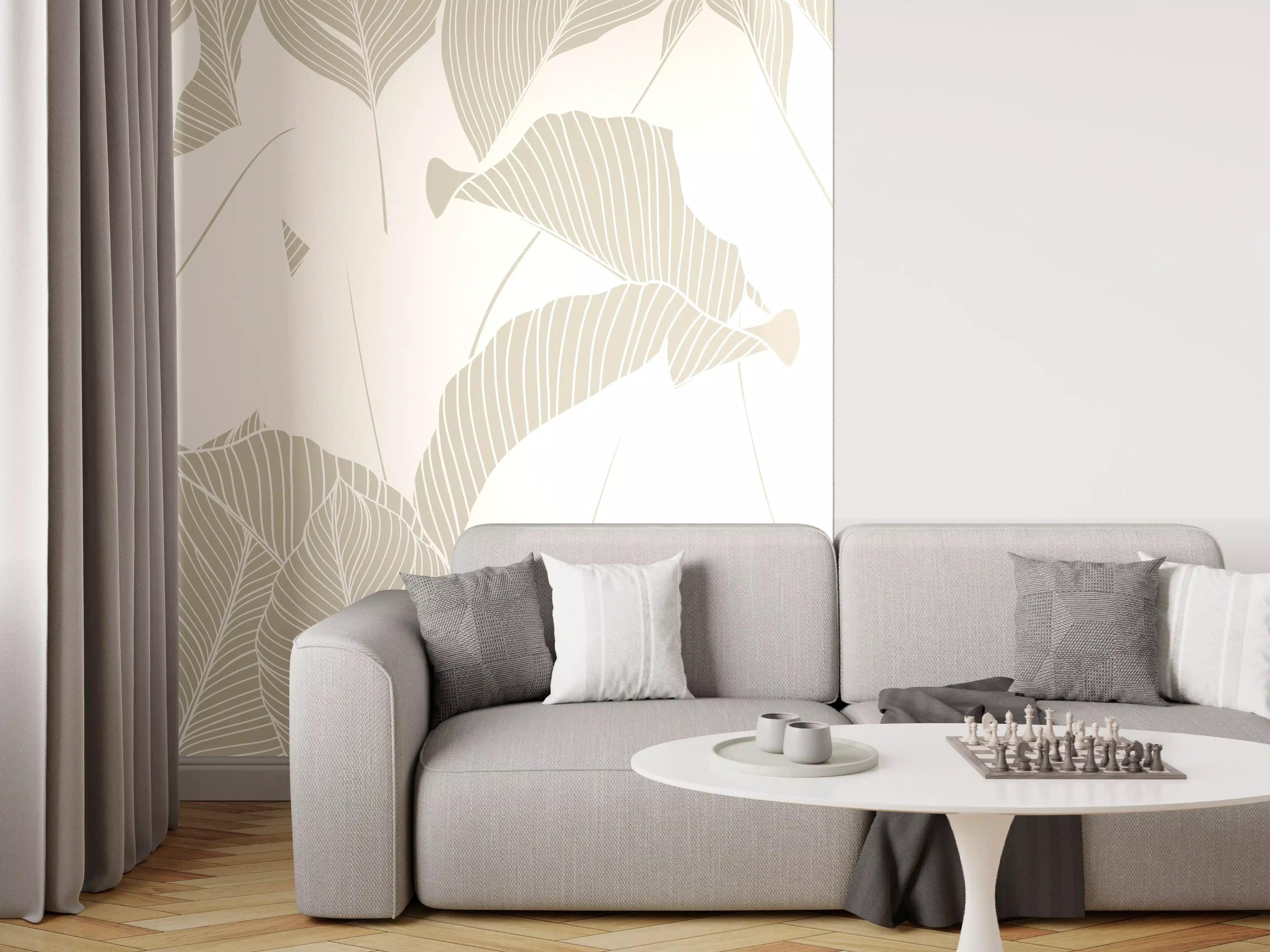Wandverkleidung Wohnzimmer - Elegantes Grau-Weiß Blattmuster