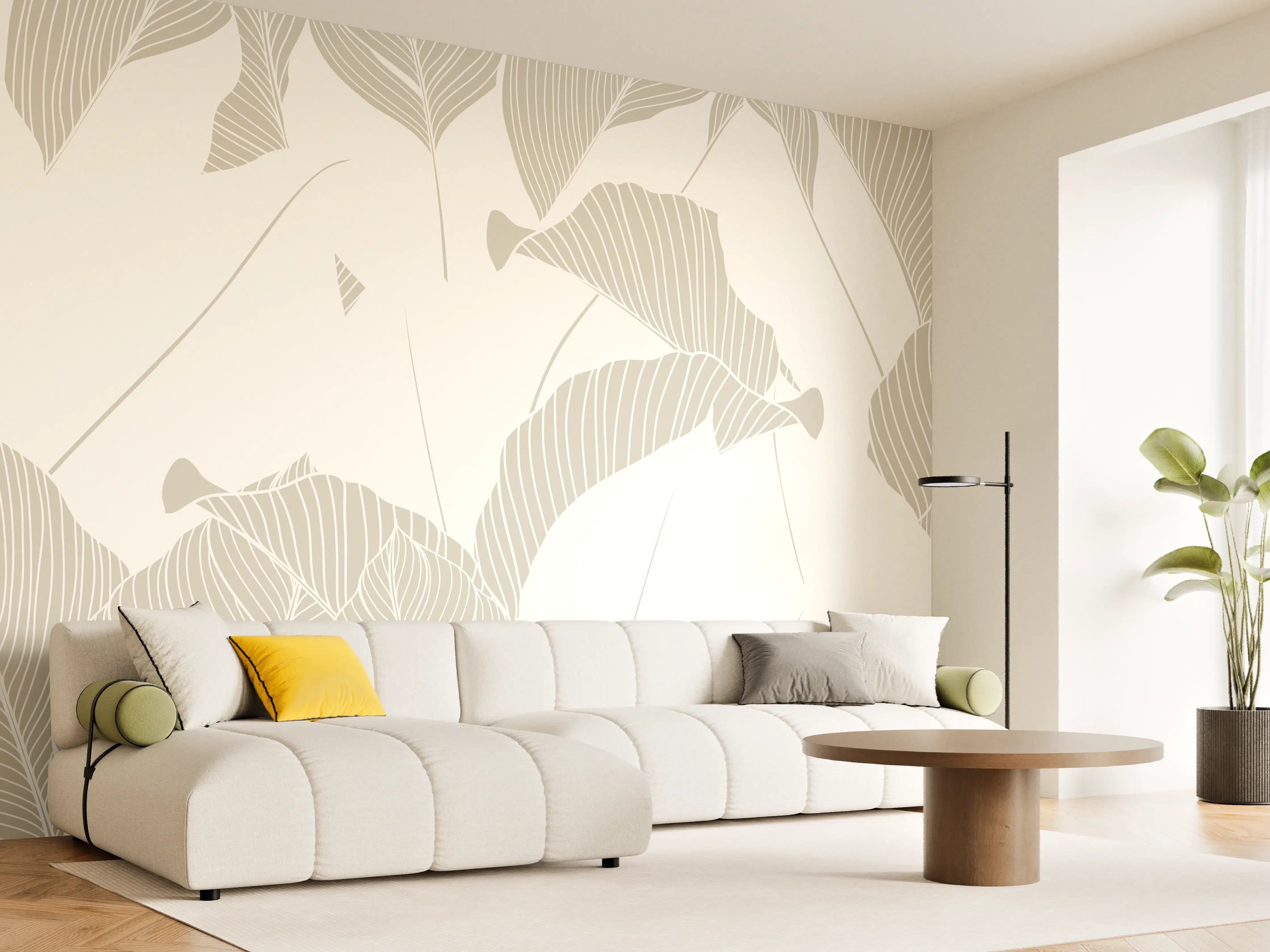 Wandverkleidung Wohnzimmer - Elegantes Grau-Weiß Blattmuster