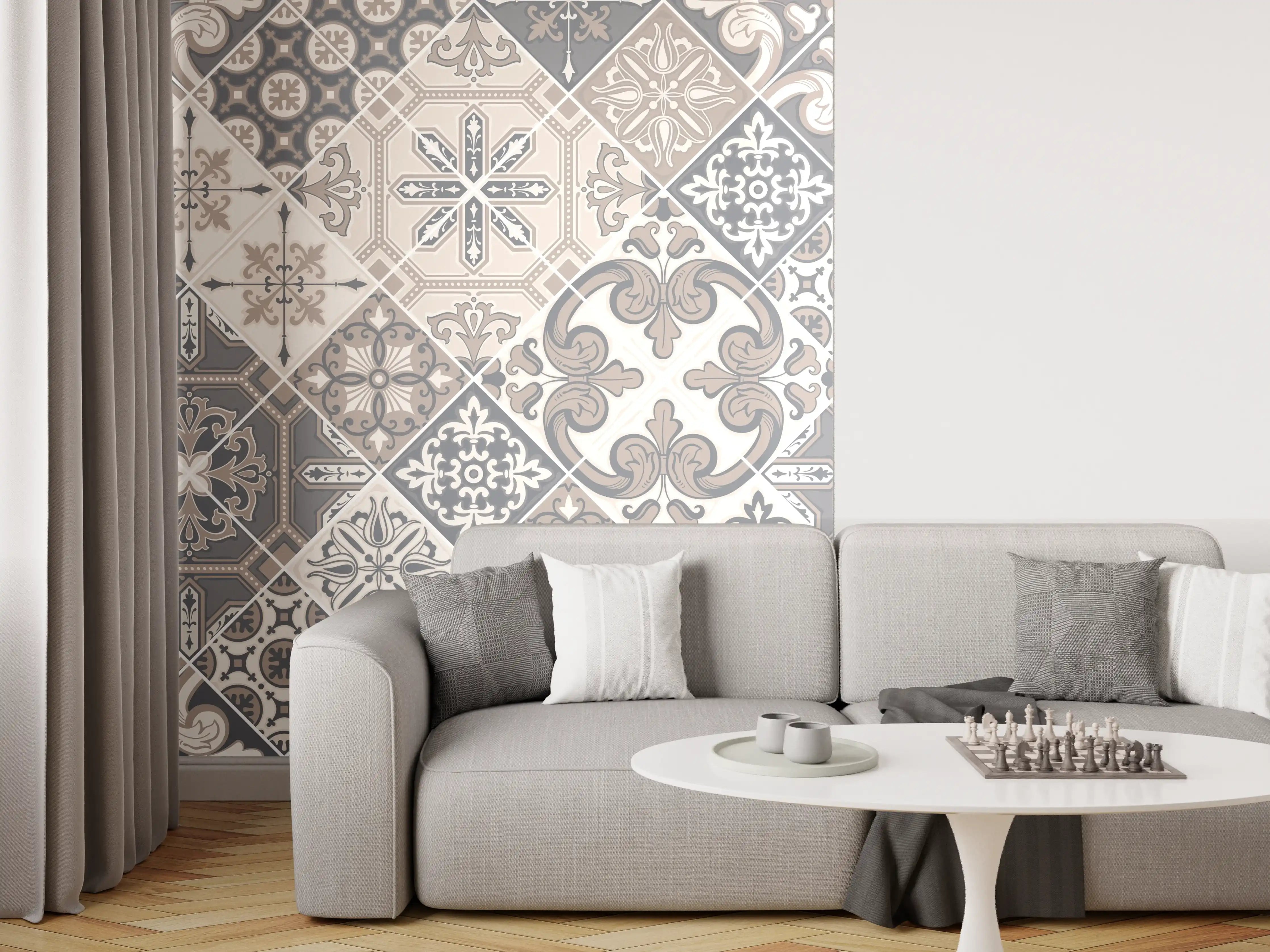 Wandverkleidung Wohnzimmer - Elegantes Grau-Weiß Mosaikmuster
