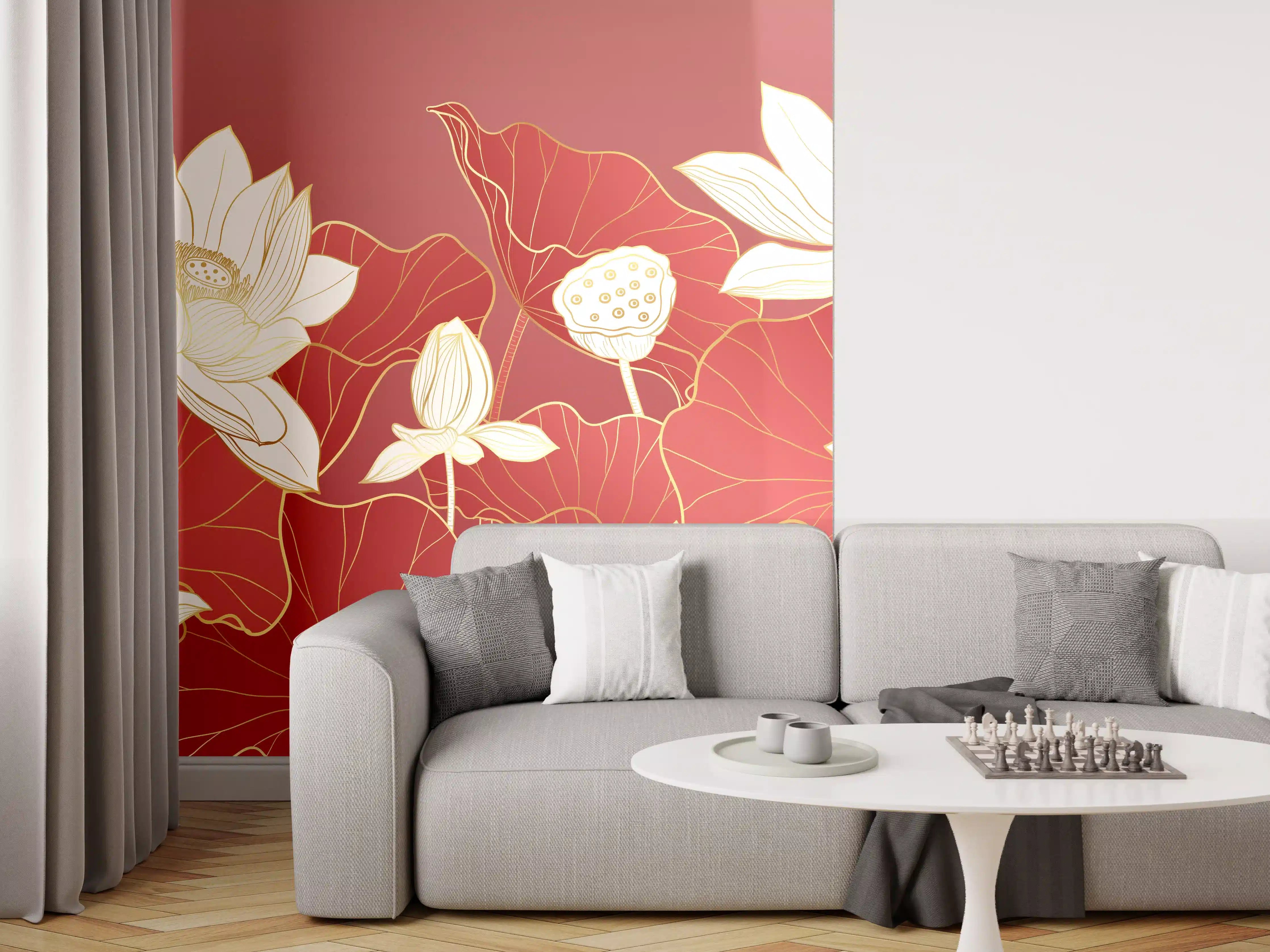 Wandverkleidung Wohnzimmer - Elegantes Lotus-Motiv in Rot und Weiß
