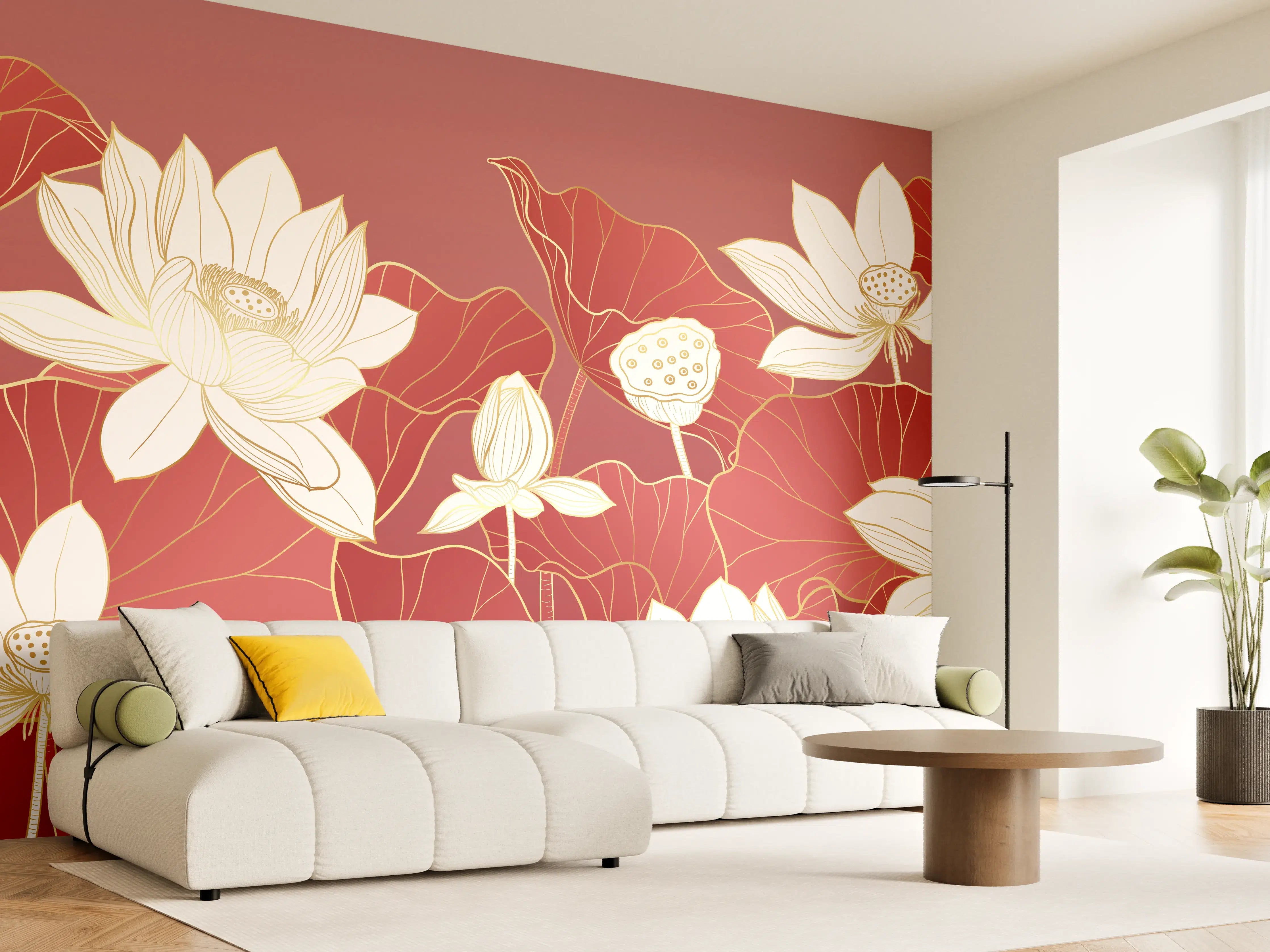 Wandverkleidung Wohnzimmer - Elegantes Lotus-Motiv in Rot und Weiß