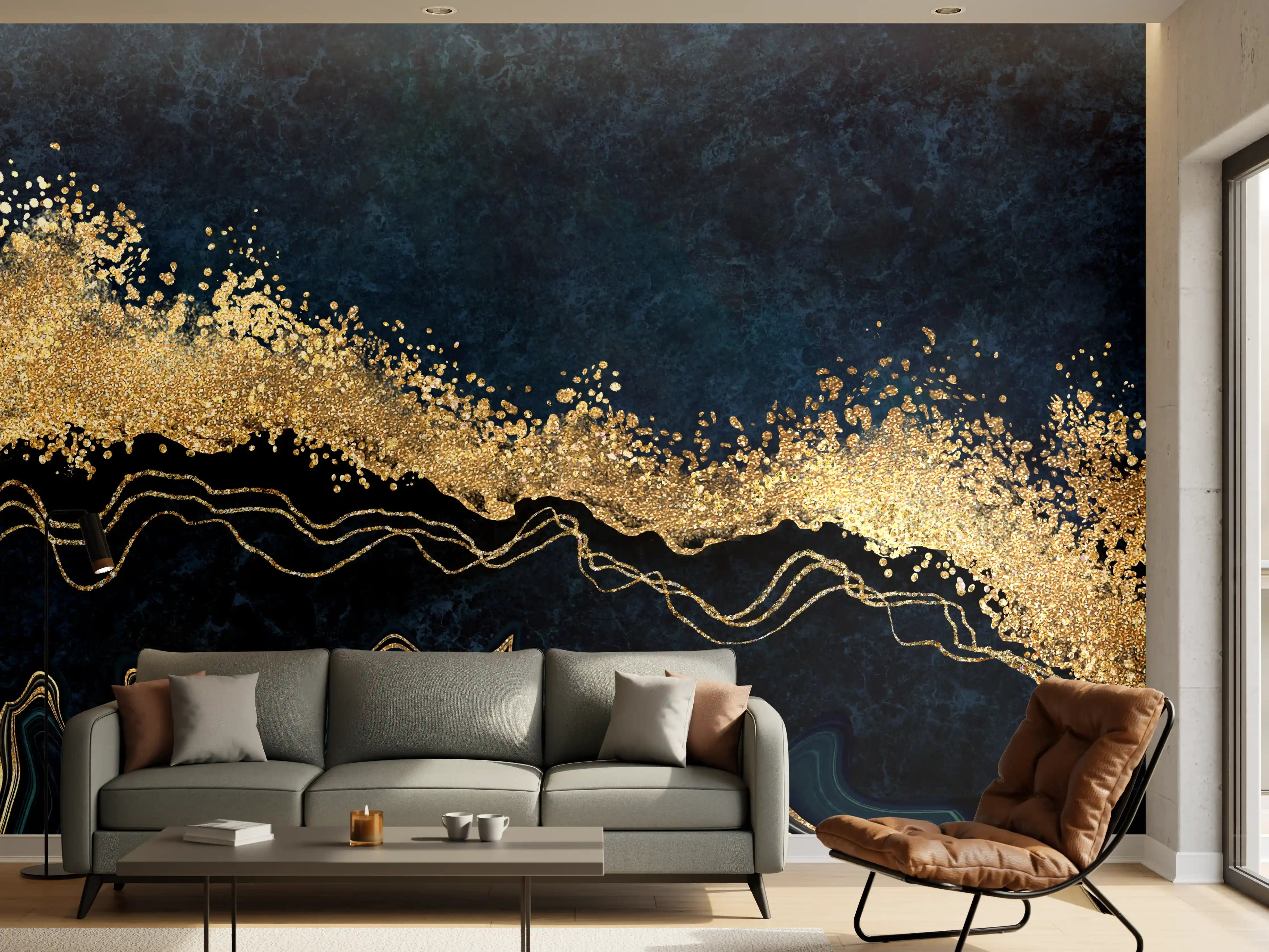 Wandverkleidung Wohnzimmer - Elegantes Marbled Design mit Goldakzenten