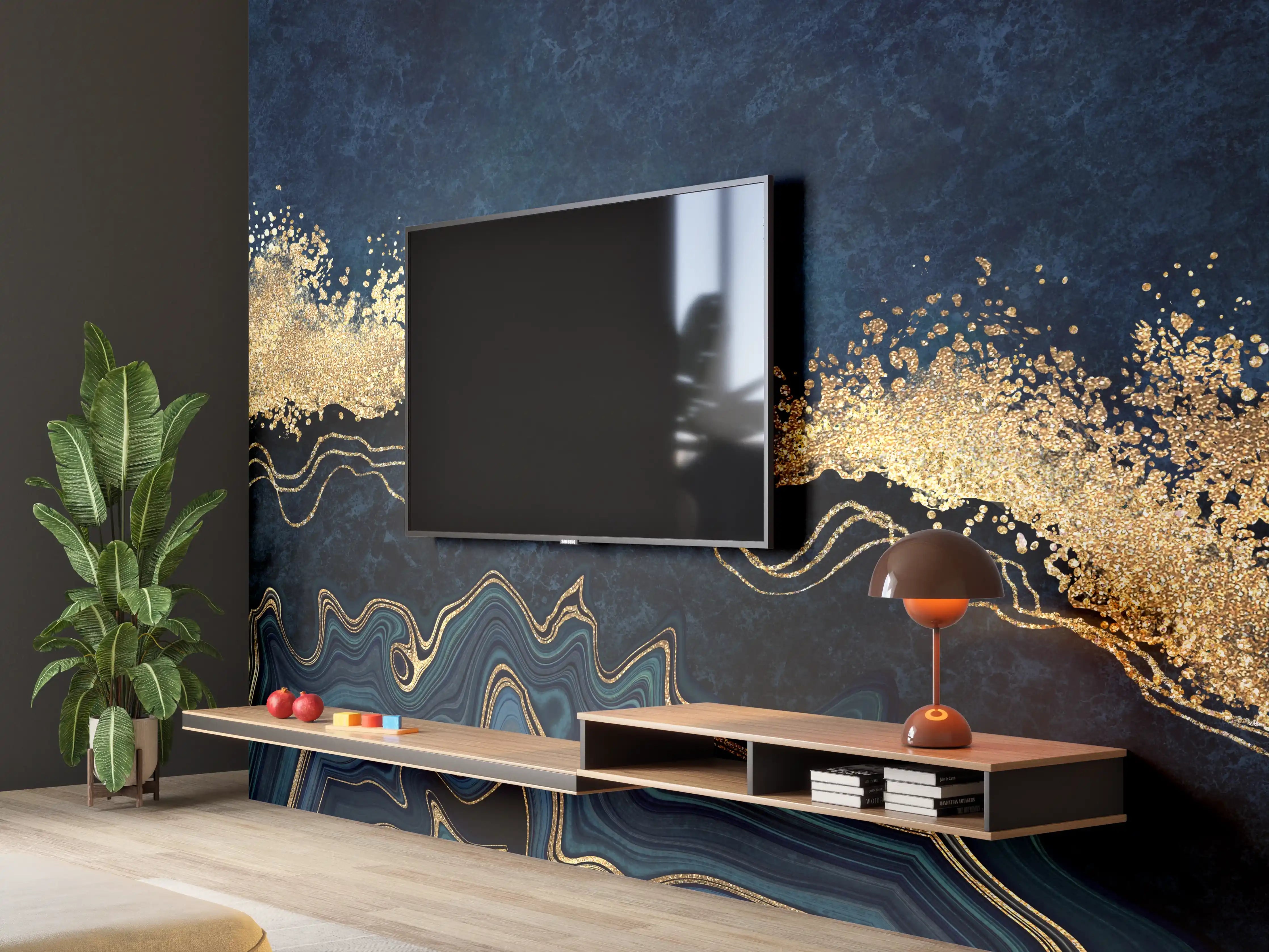 Wandverkleidung Wohnzimmer - Elegantes Marbled Design mit Goldakzenten