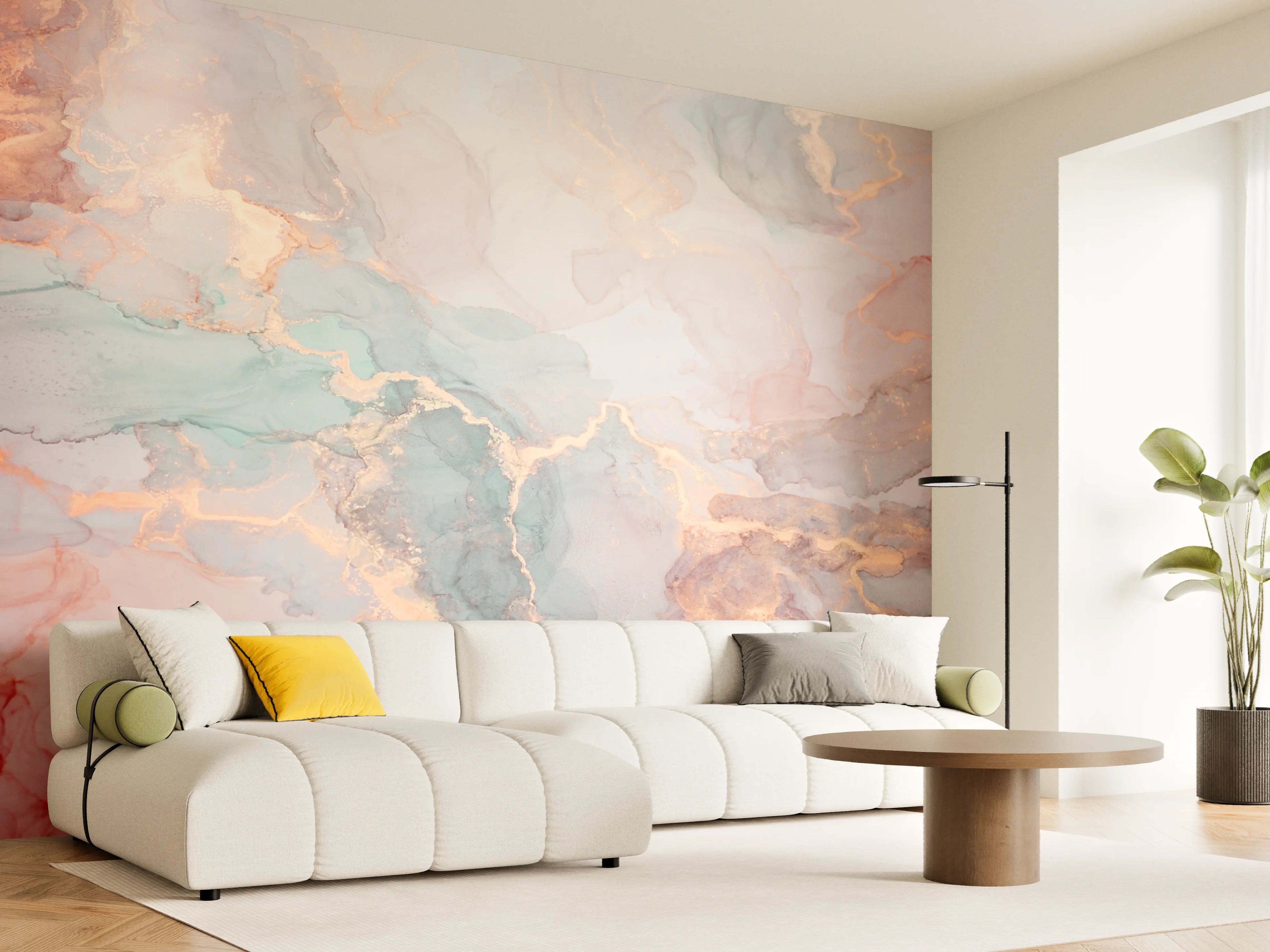 Wandverkleidung Wohnzimmer - Elegantes Marbledesign in Pastellfarben