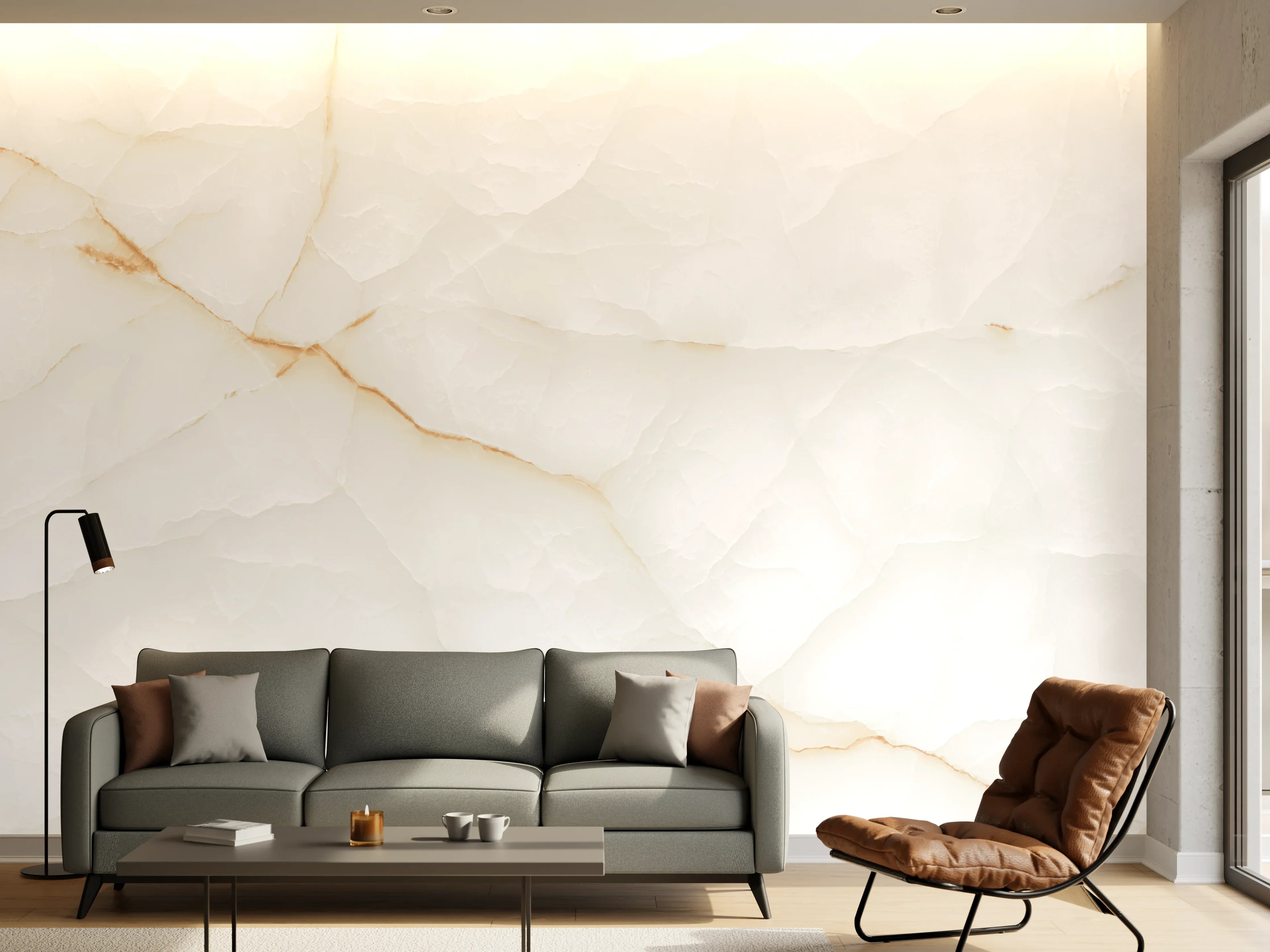 Wandverkleidung Wohnzimmer - Elegantes Marmor-Design in Cremeweiß
