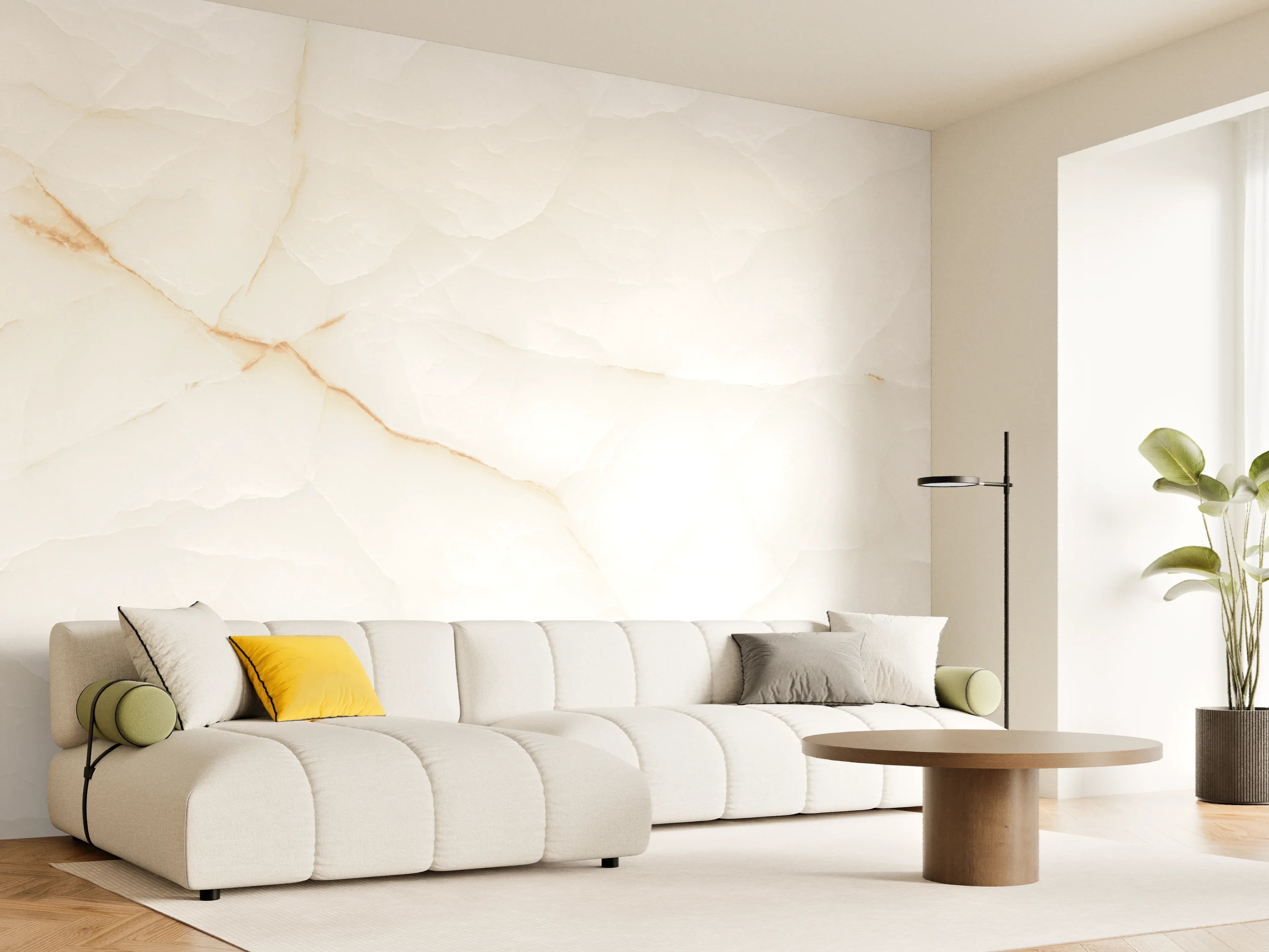 Wandverkleidung Wohnzimmer - Elegantes Marmor-Design in Cremeweiß