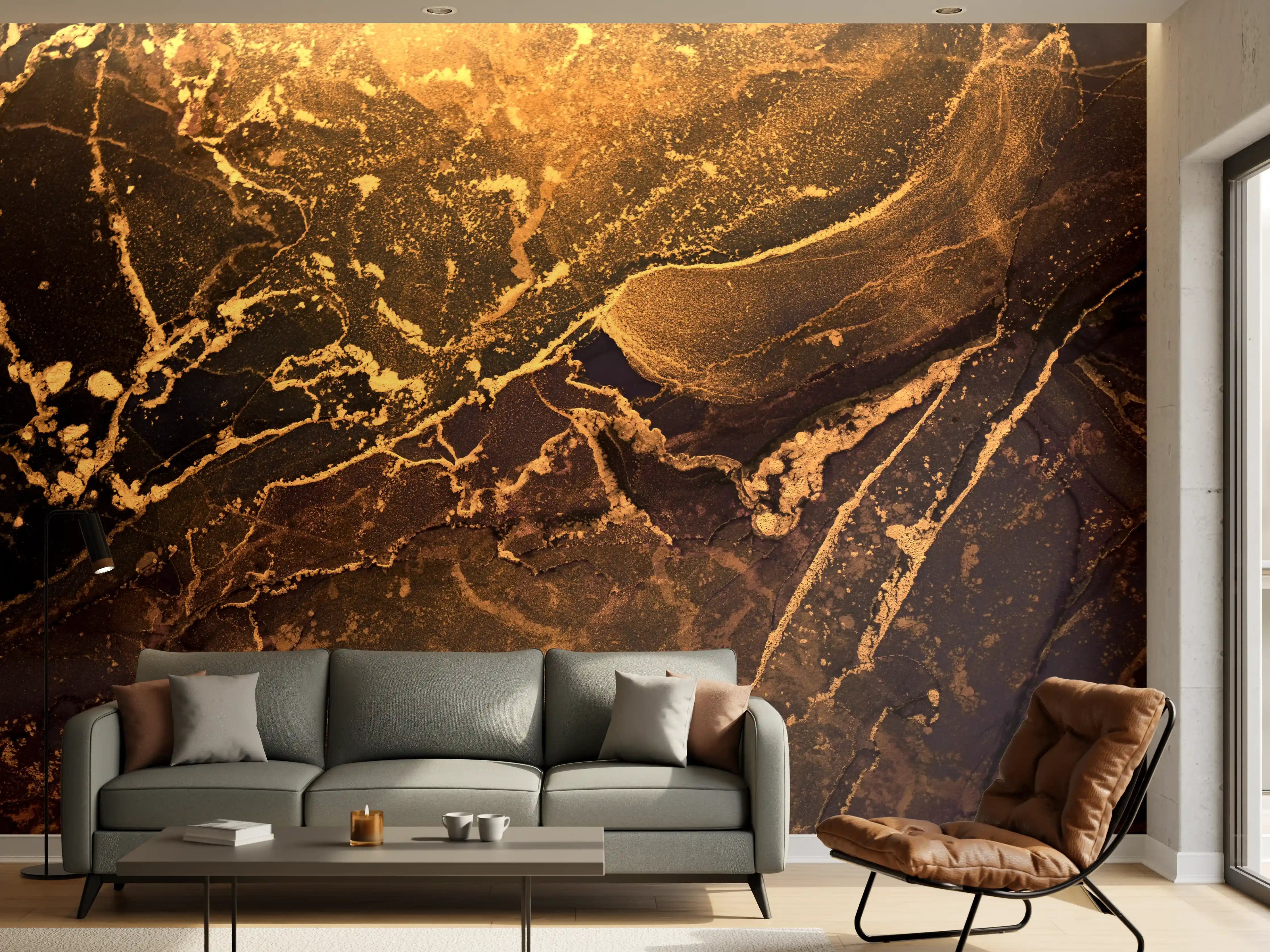 Wandverkleidung Wohnzimmer - Elegantes Marmor-Design in dunklen Tönen mit Goldakzenten