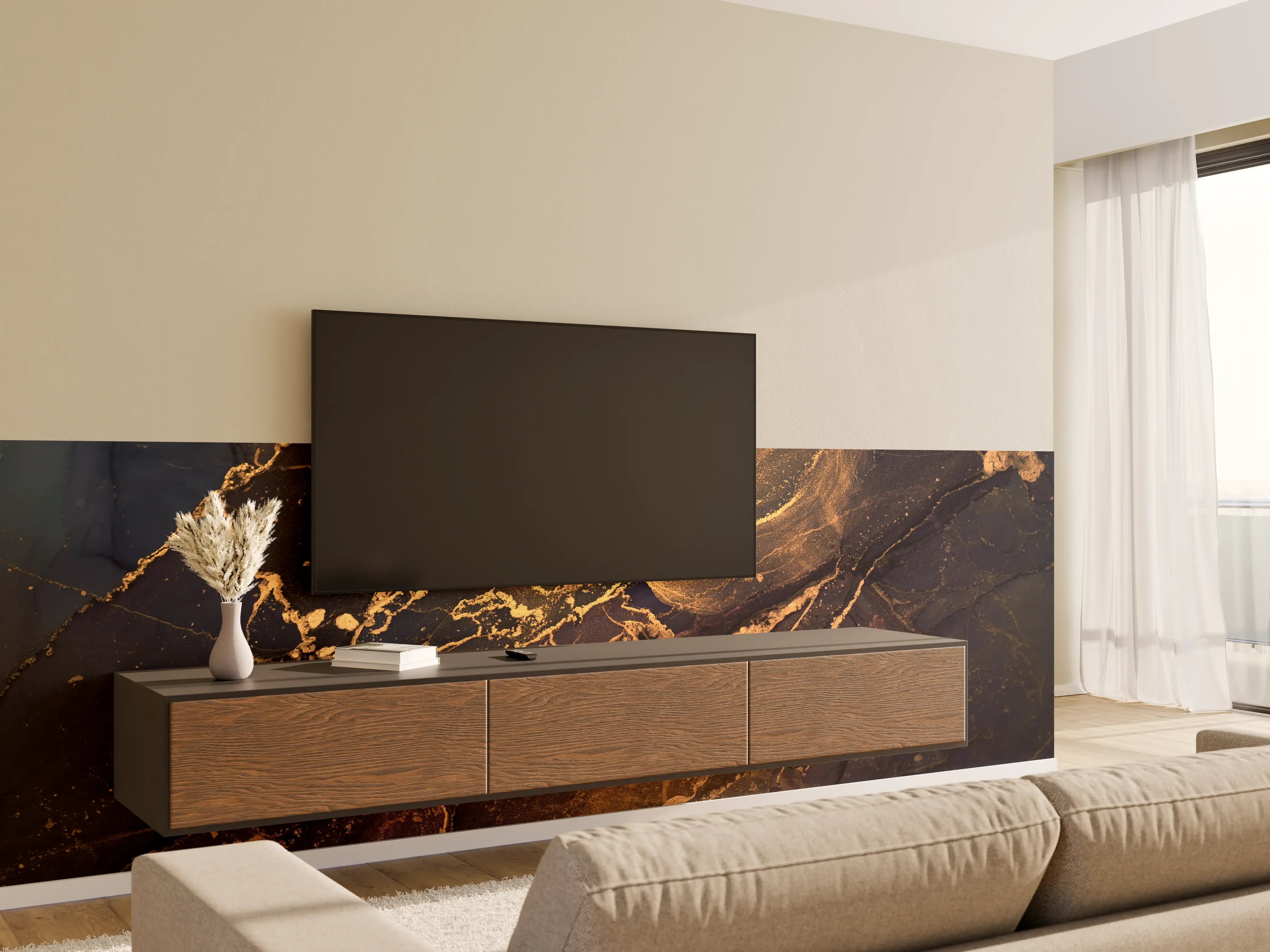 Wandverkleidung Wohnzimmer - Elegantes Marmor-Design in dunklen Tönen mit Goldakzenten