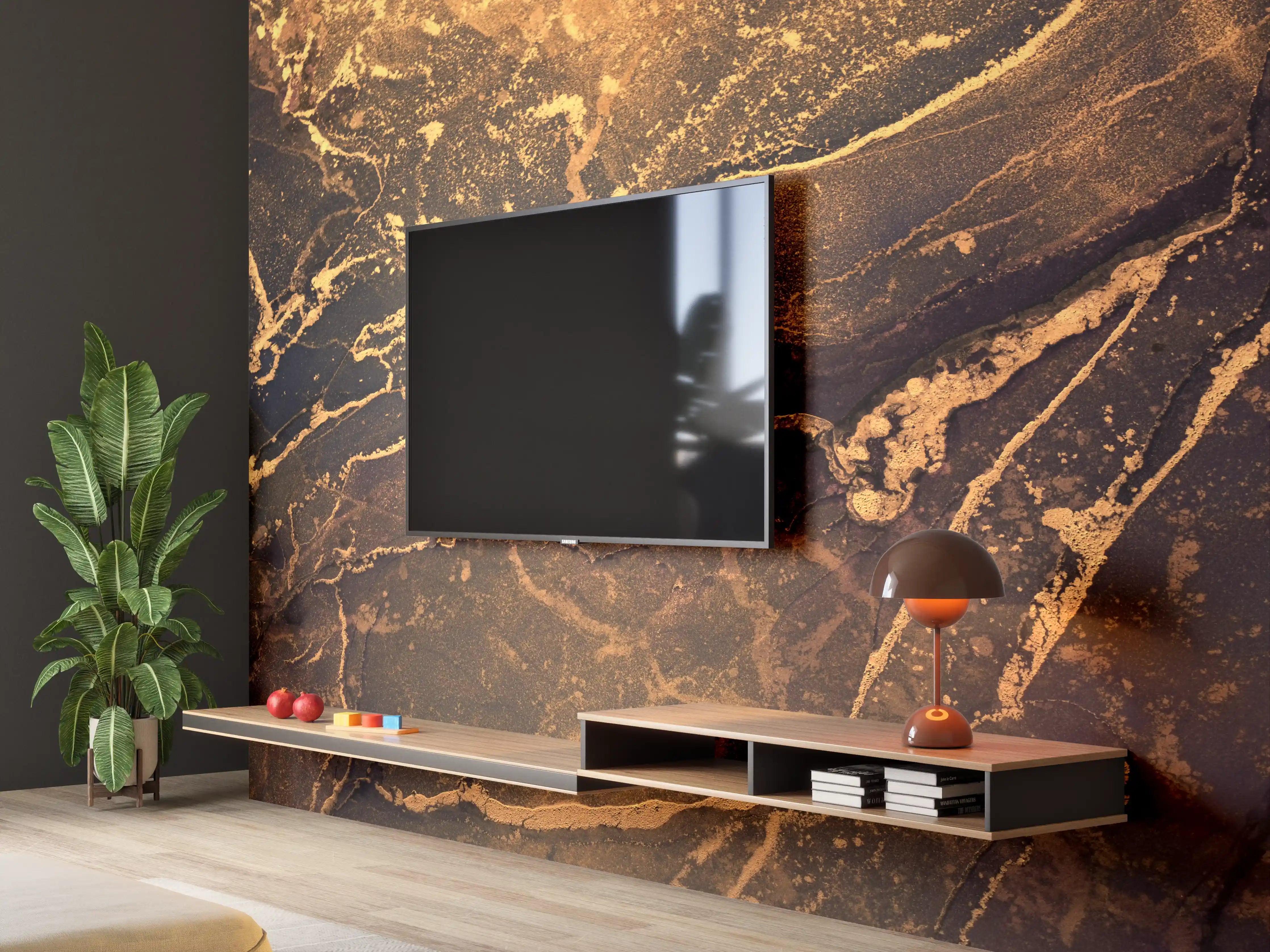 Wandverkleidung Wohnzimmer - Elegantes Marmor-Design in dunklen Tönen mit Goldakzenten