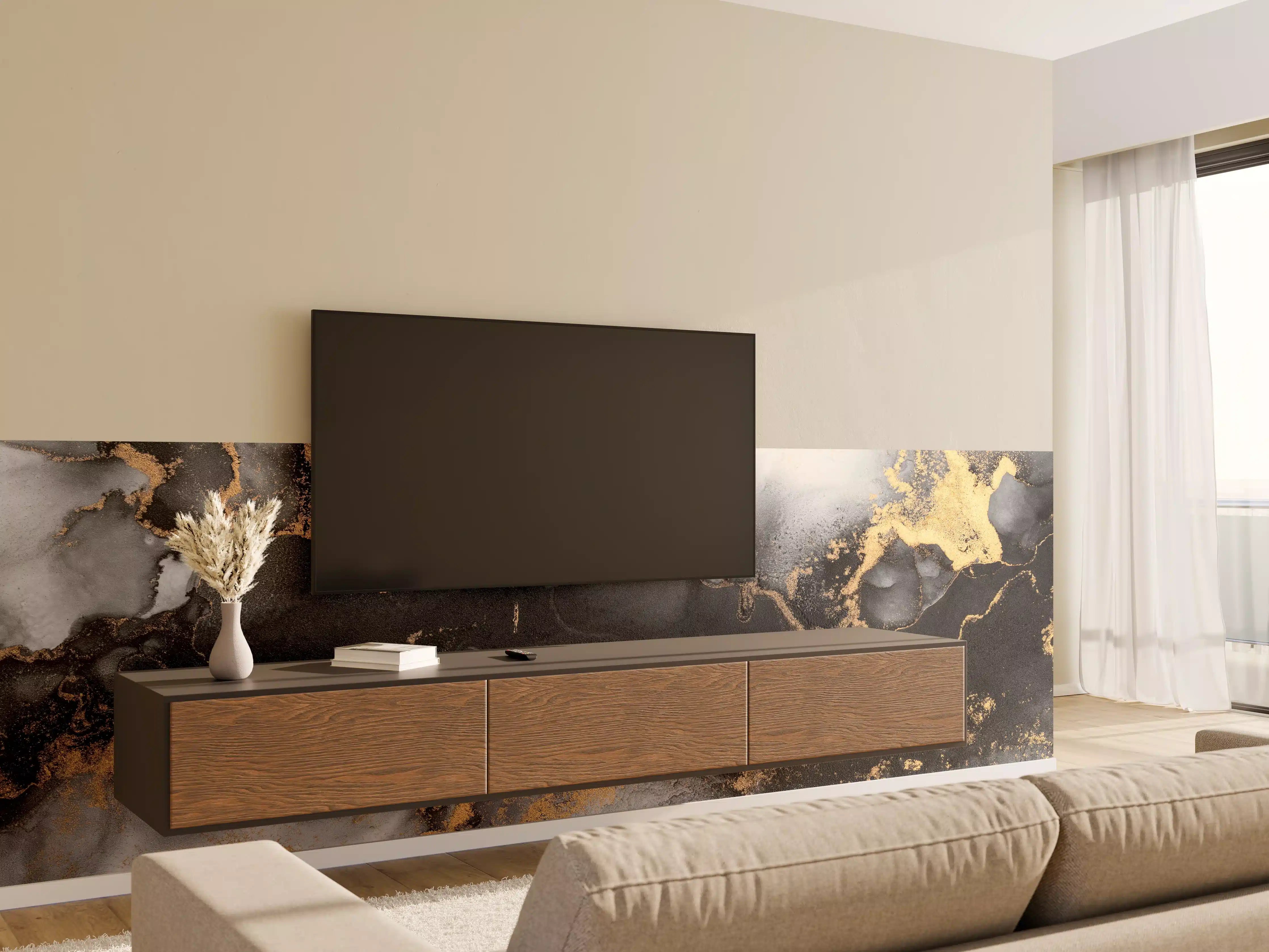 Wandverkleidung Wohnzimmer - Elegantes Marmormotiv mit Goldakzenten