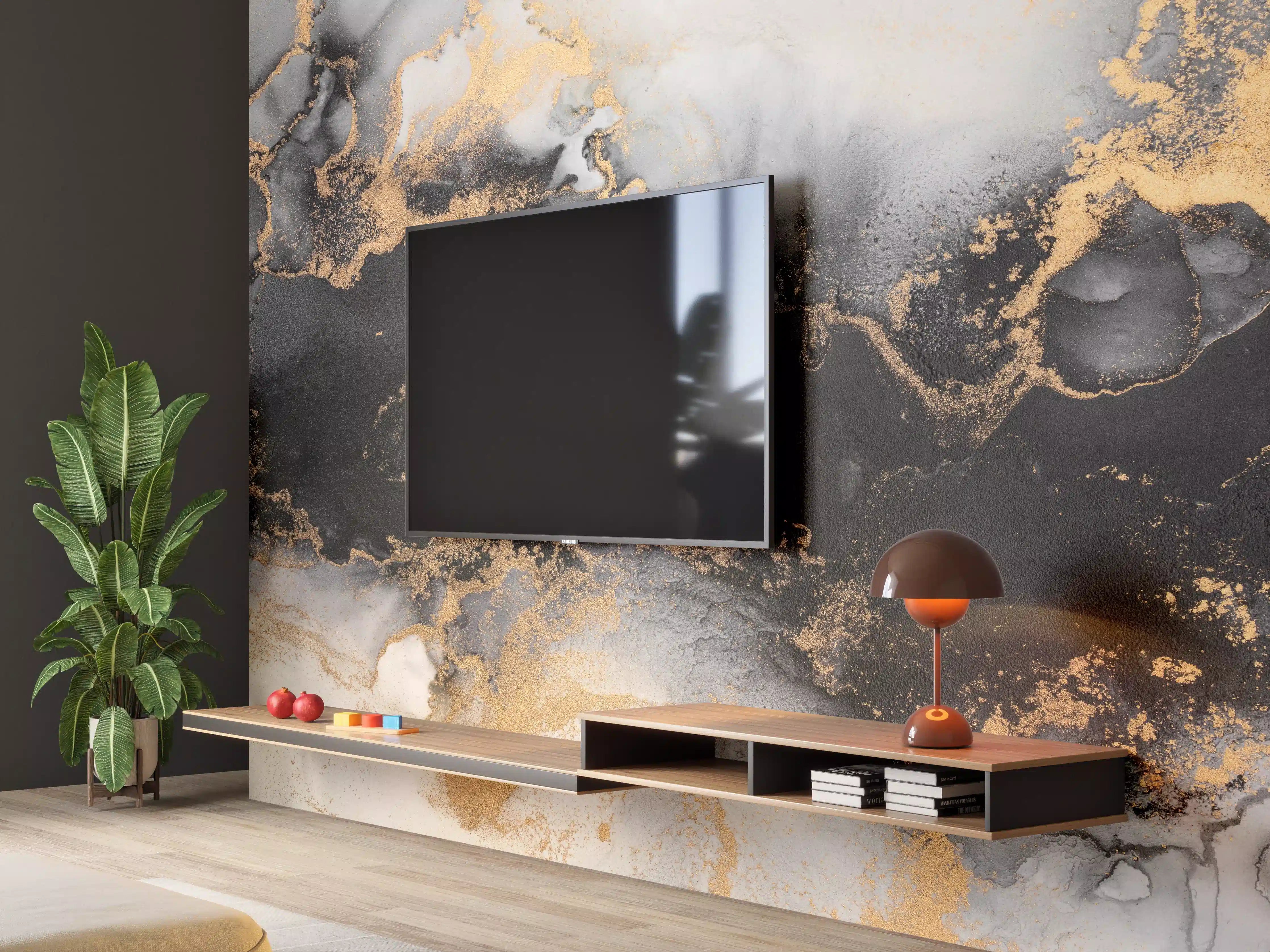 Wandverkleidung Wohnzimmer - Elegantes Marmormotiv mit Goldakzenten