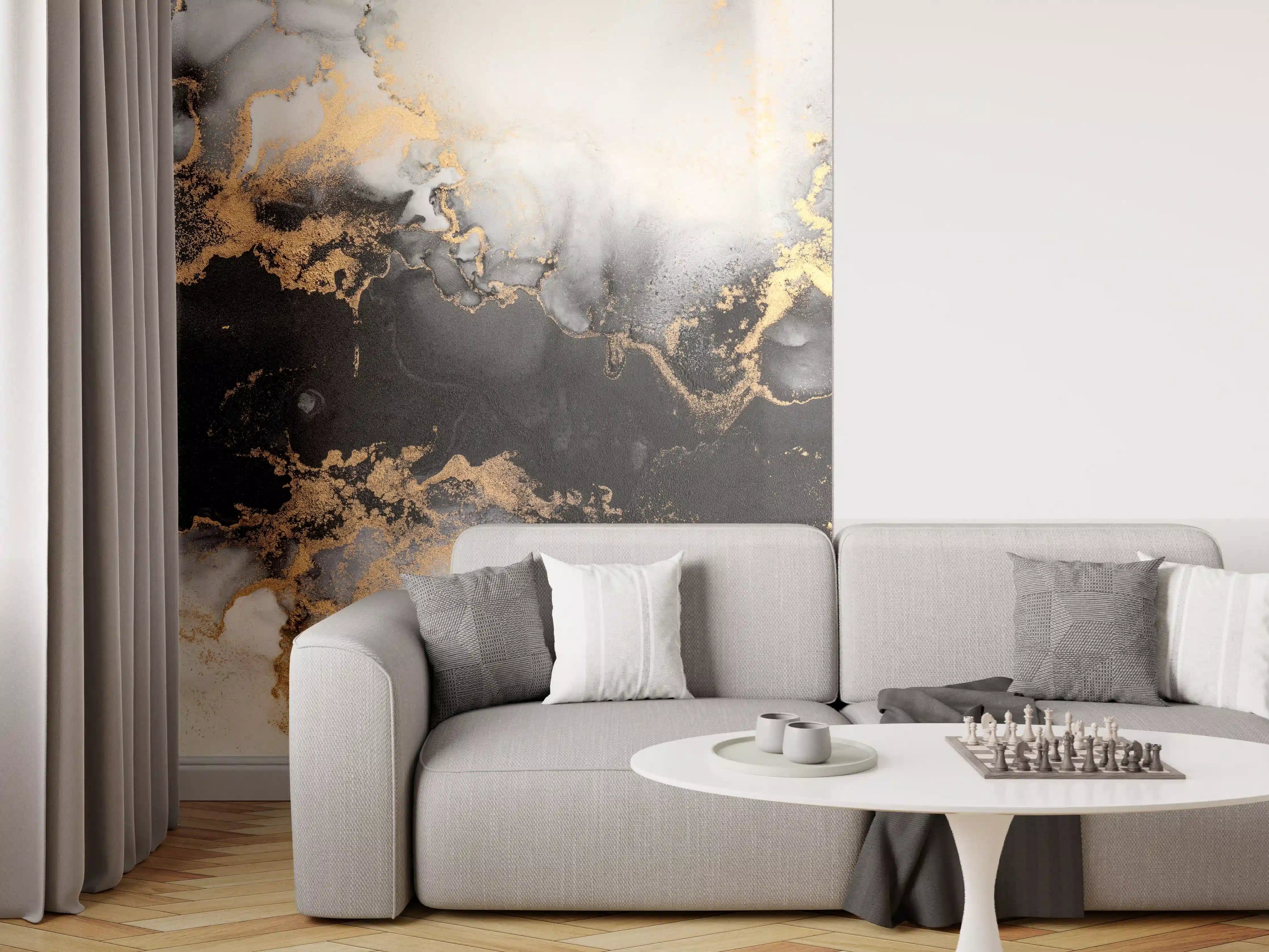 Wandverkleidung Wohnzimmer - Elegantes Marmormotiv mit Goldakzenten