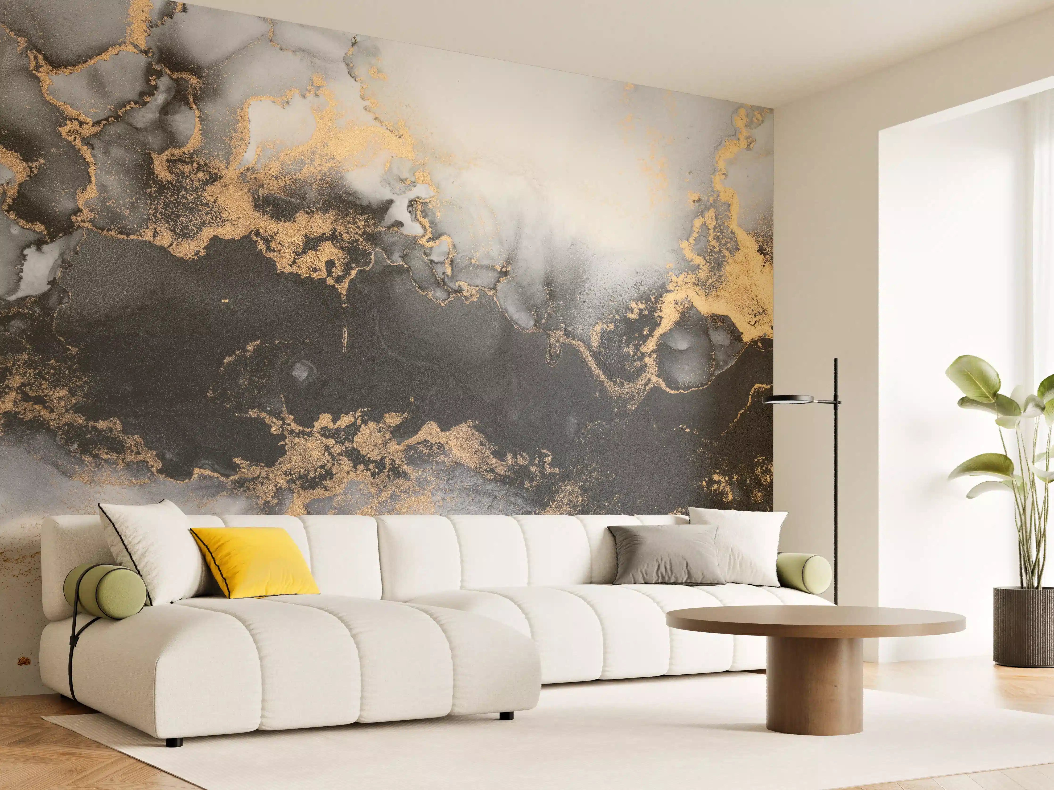 Wandverkleidung Wohnzimmer - Elegantes Marmormotiv mit Goldakzenten