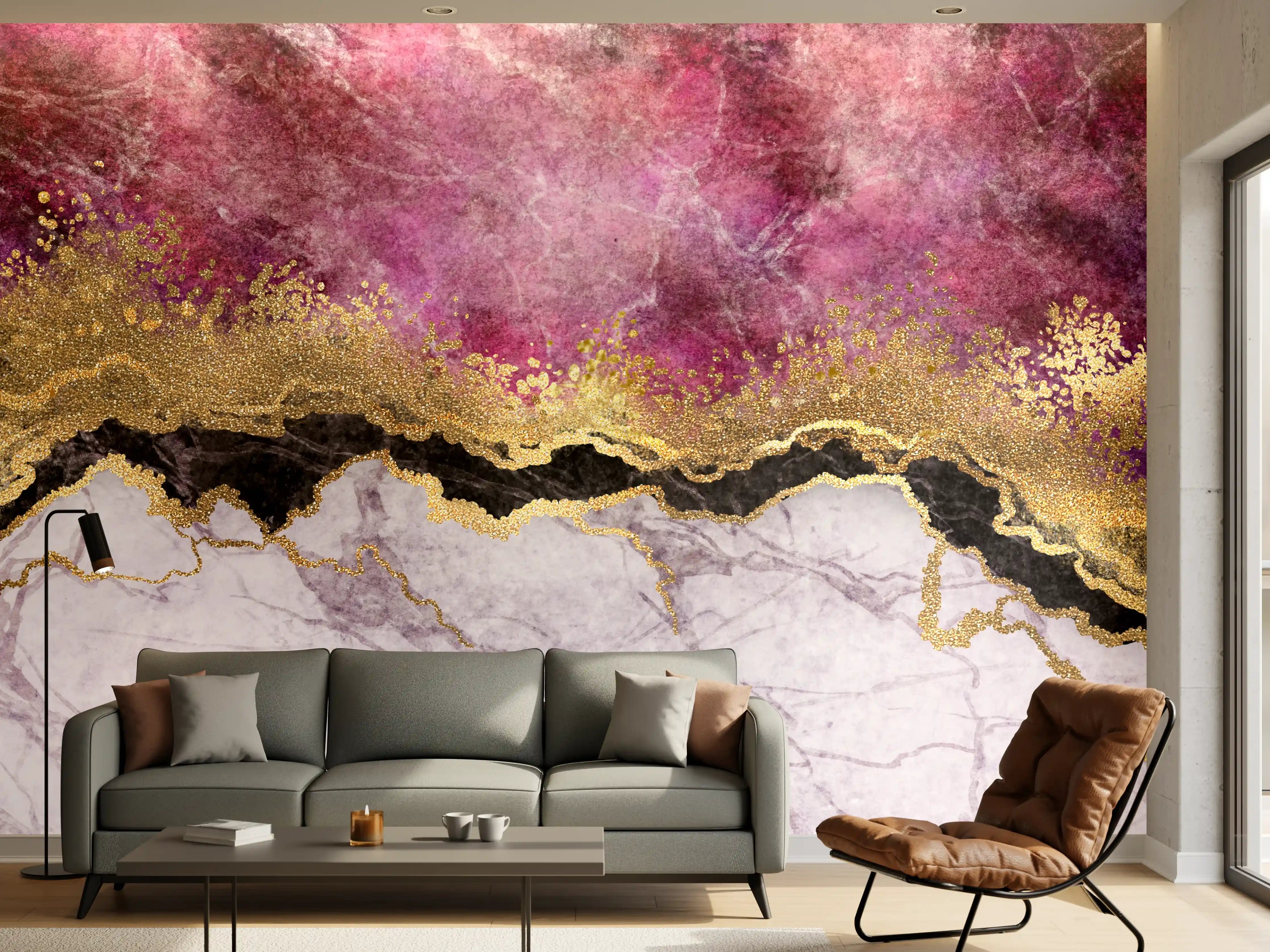 Wandverkleidung Wohnzimmer - Elegantes Marmormotiv mit goldenen Akzenten