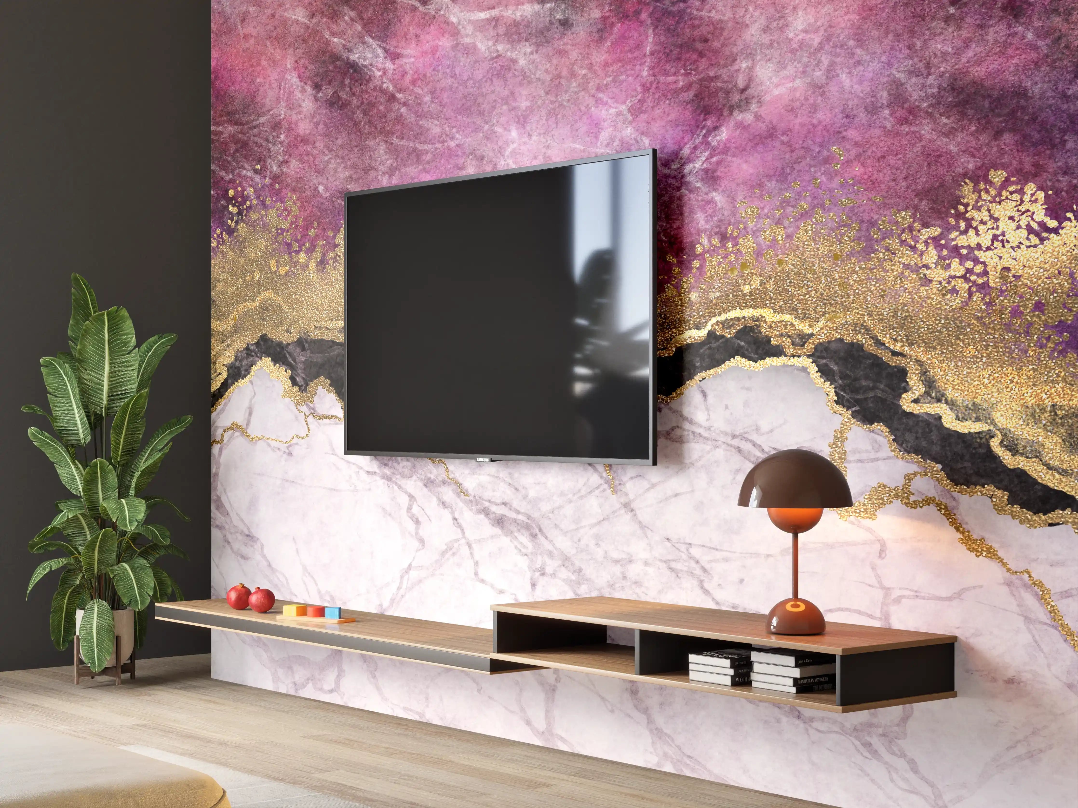 Wandverkleidung Wohnzimmer - Elegantes Marmormotiv mit goldenen Akzenten