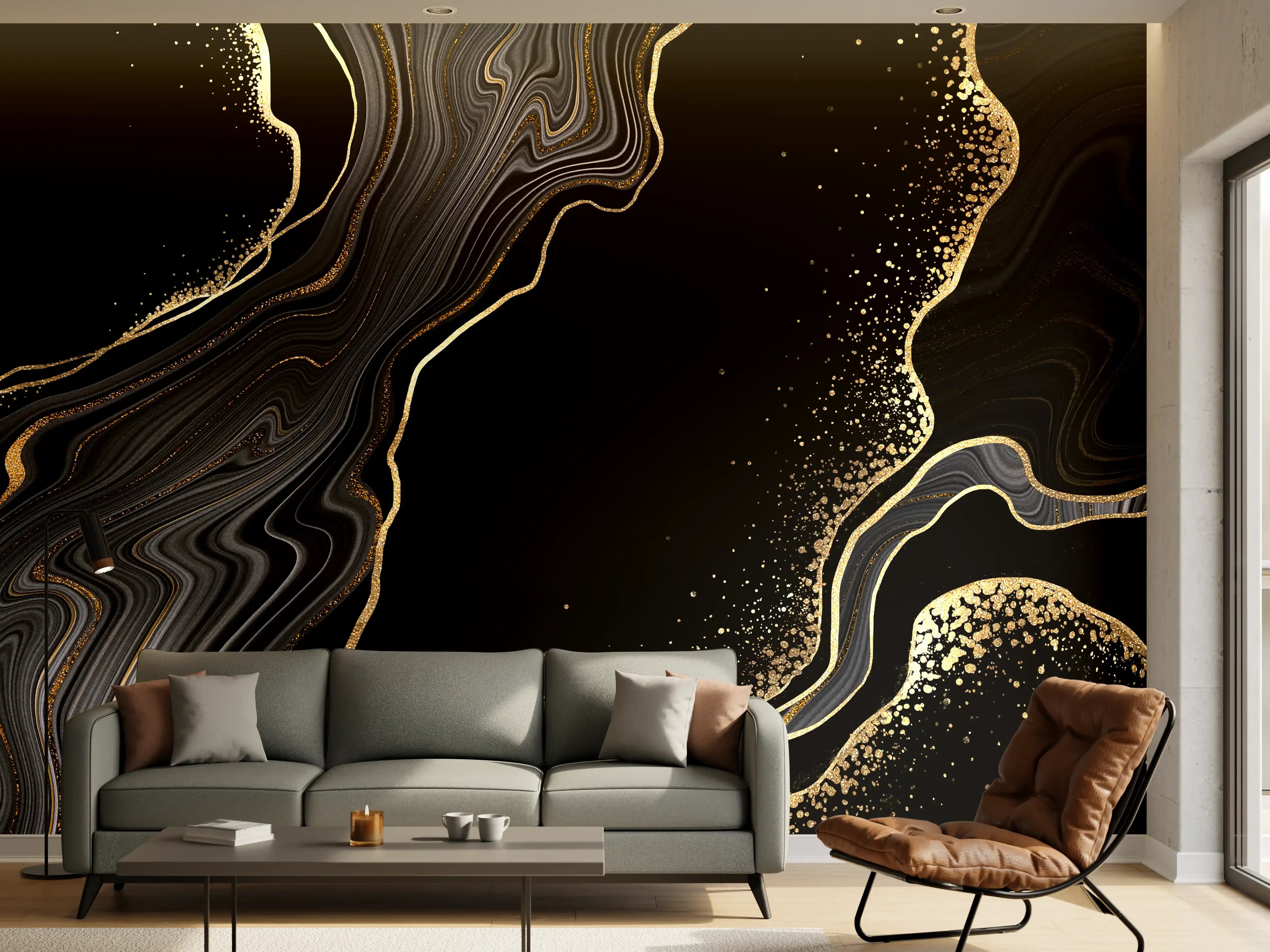 Wandverkleidung Wohnzimmer - Elegantes Marmormuster in Schwarz-Gold
