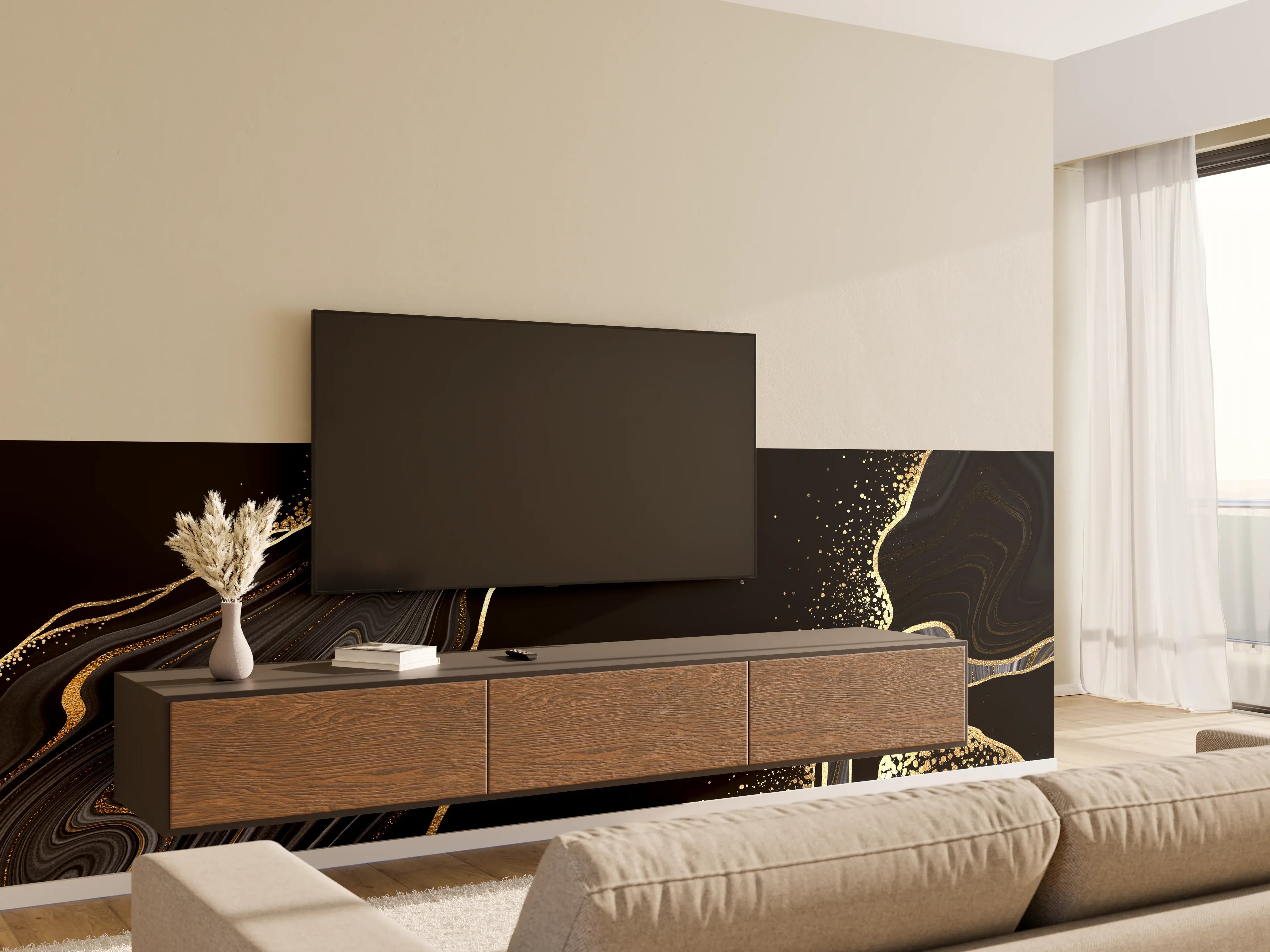 Wandverkleidung Wohnzimmer - Elegantes Marmormuster in Schwarz-Gold