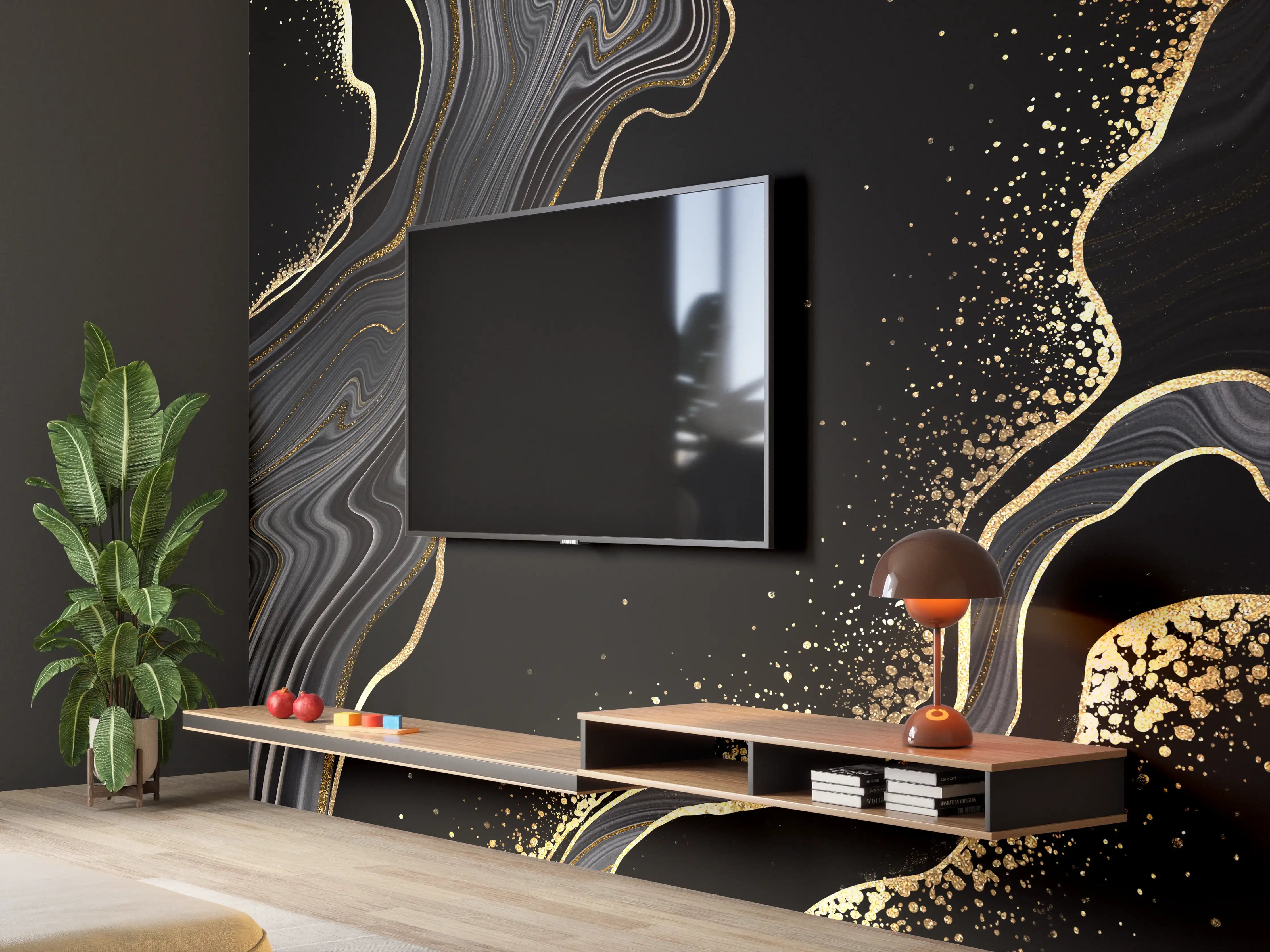 Wandverkleidung Wohnzimmer - Elegantes Marmormuster in Schwarz-Gold