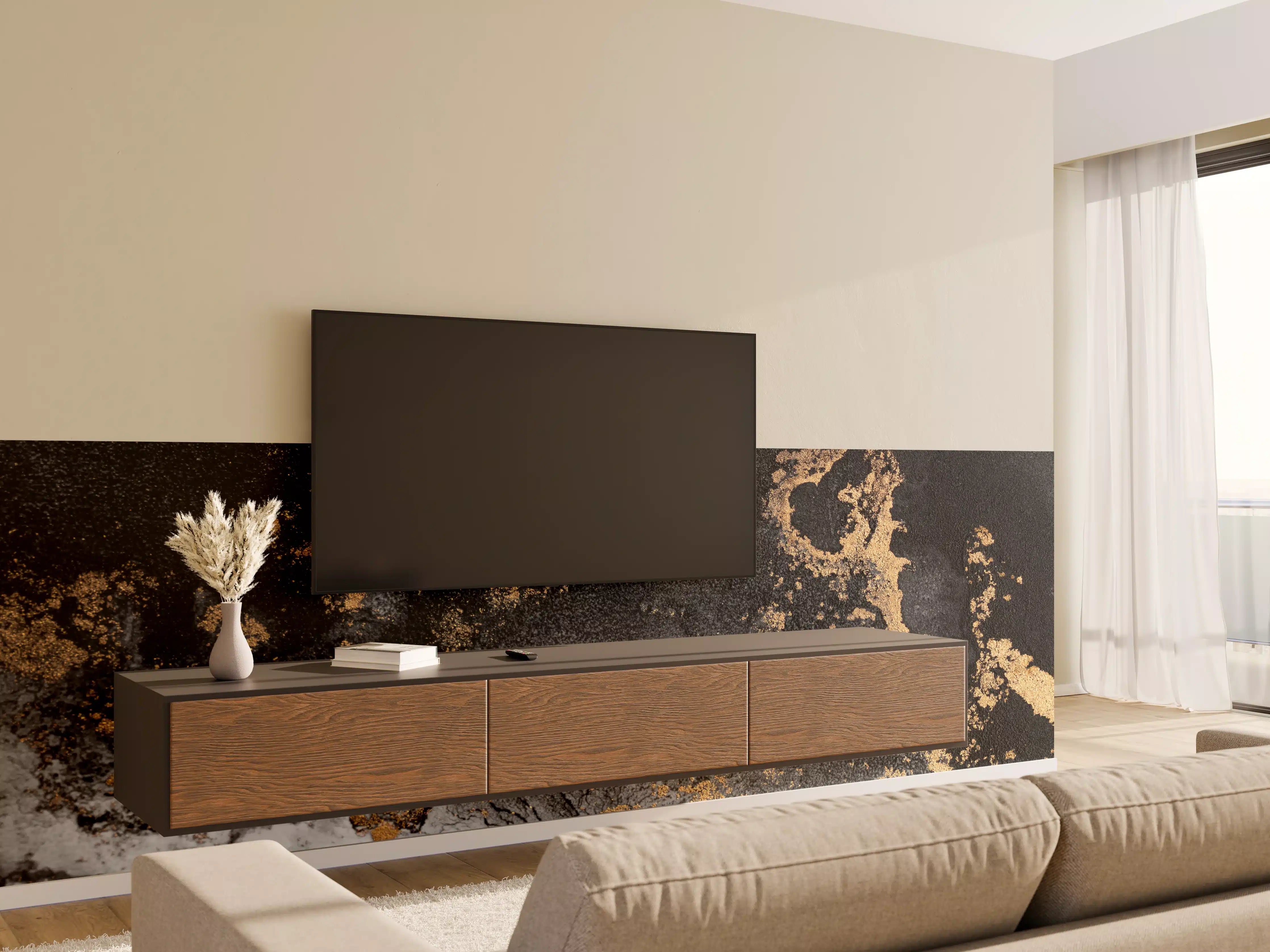 Wandverkleidung Wohnzimmer - Elegantes Marmormuster in Schwarz, Gold und Weiß