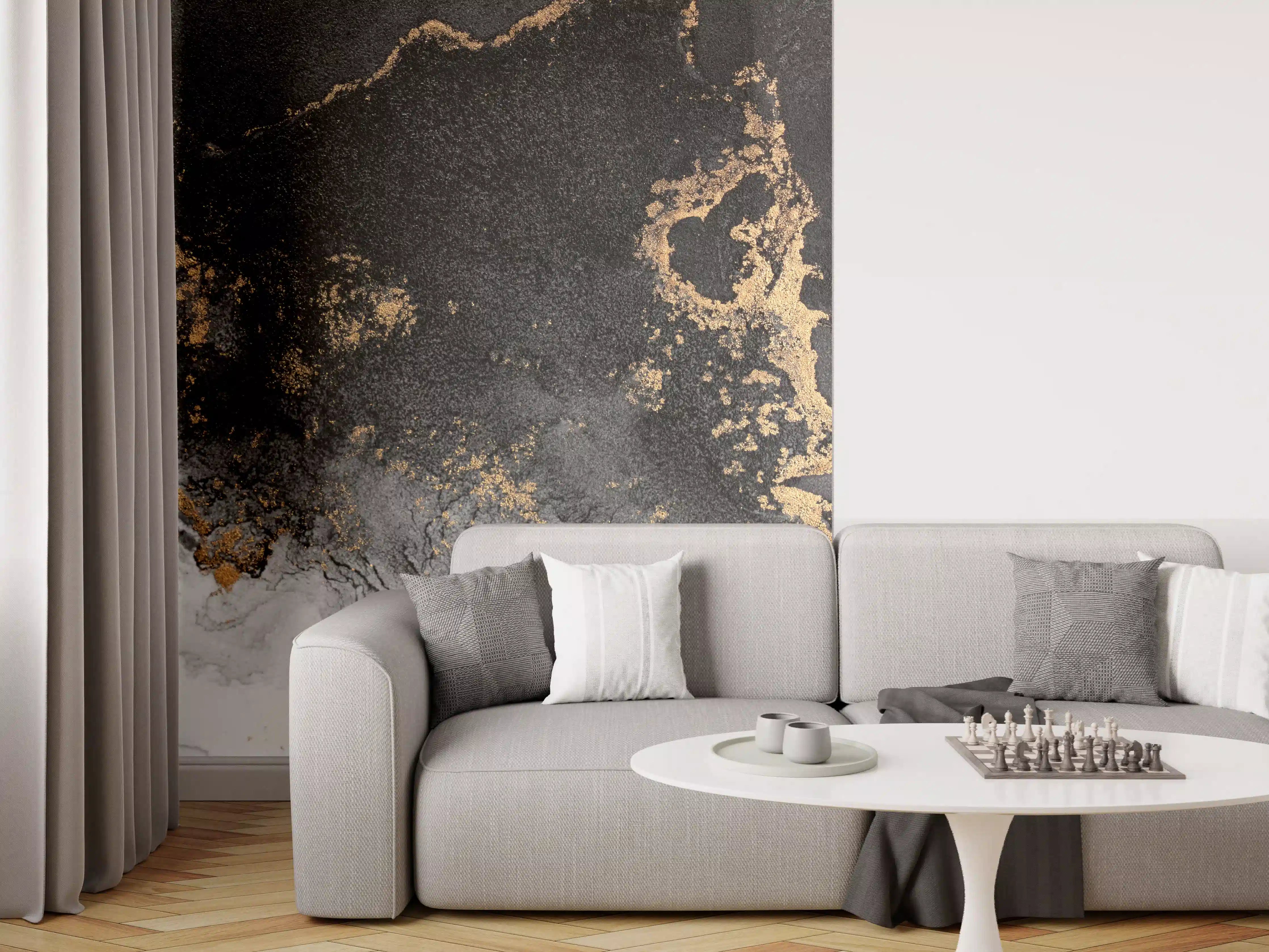 Wandverkleidung Wohnzimmer - Elegantes Marmormuster in Schwarz, Gold und Weiß