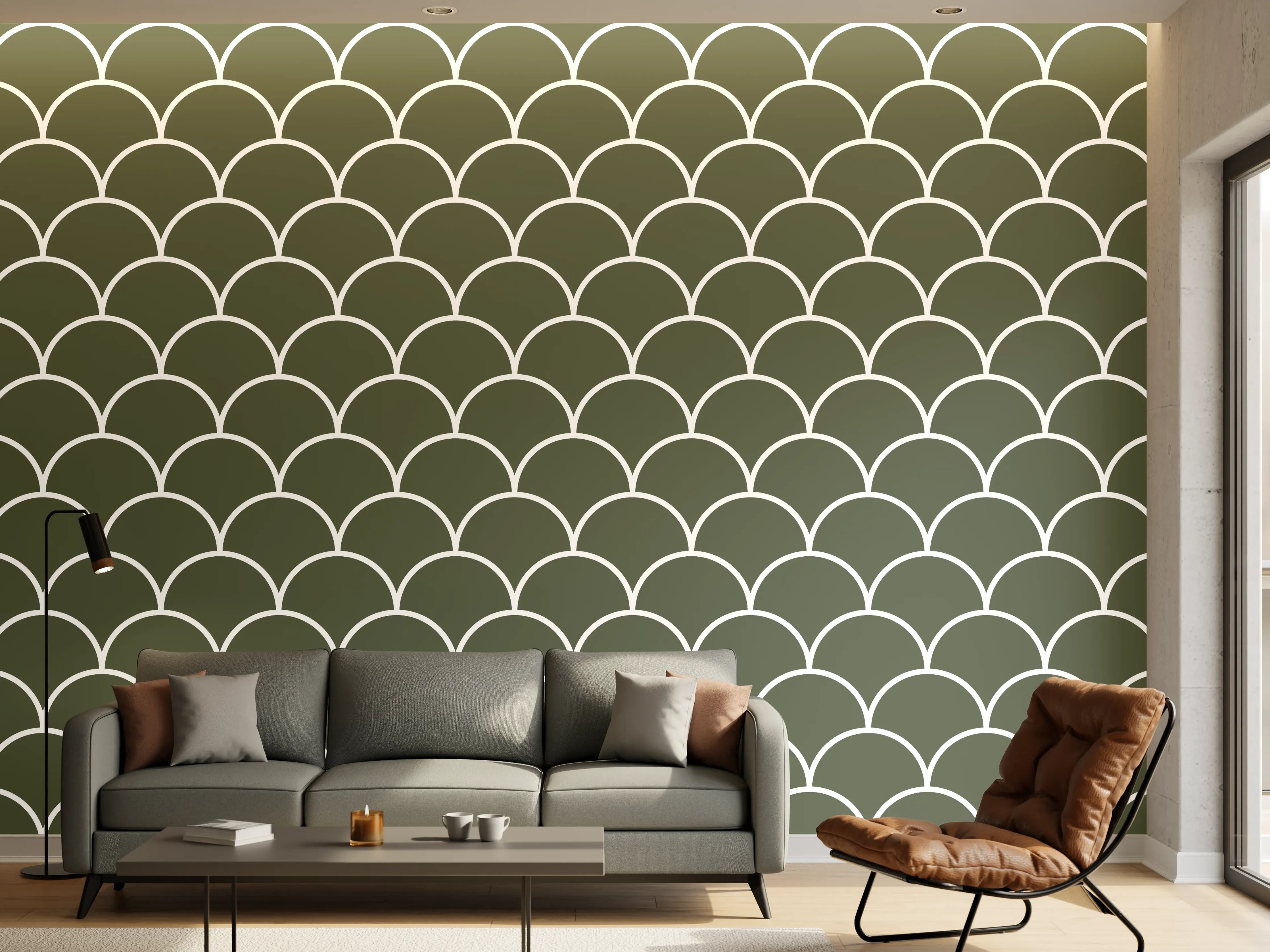 Wandverkleidung Wohnzimmer - Elegantes Meeresmuster in Grau-Grün