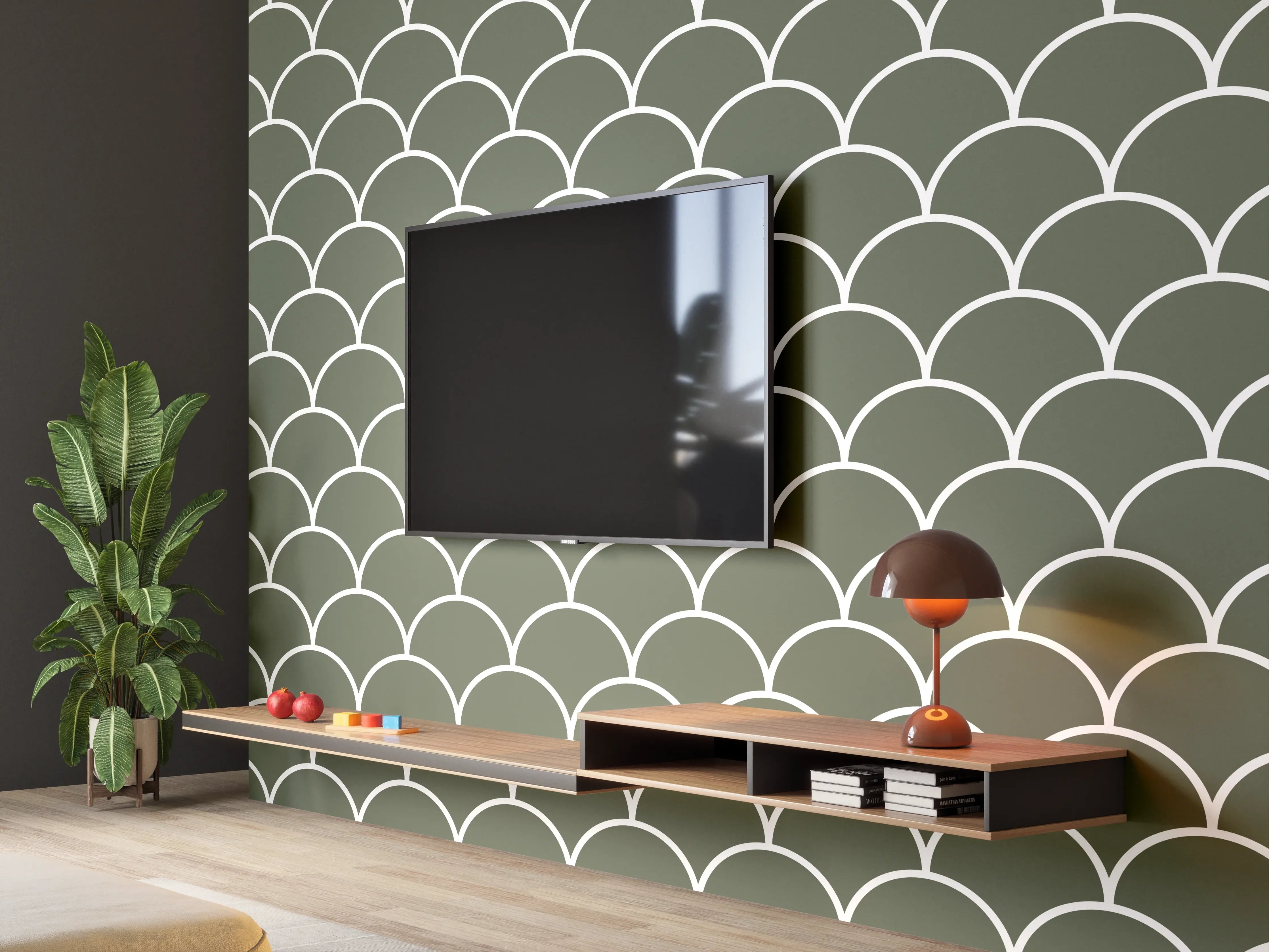 Wandverkleidung Wohnzimmer - Elegantes Meeresmuster in Grau-Grün