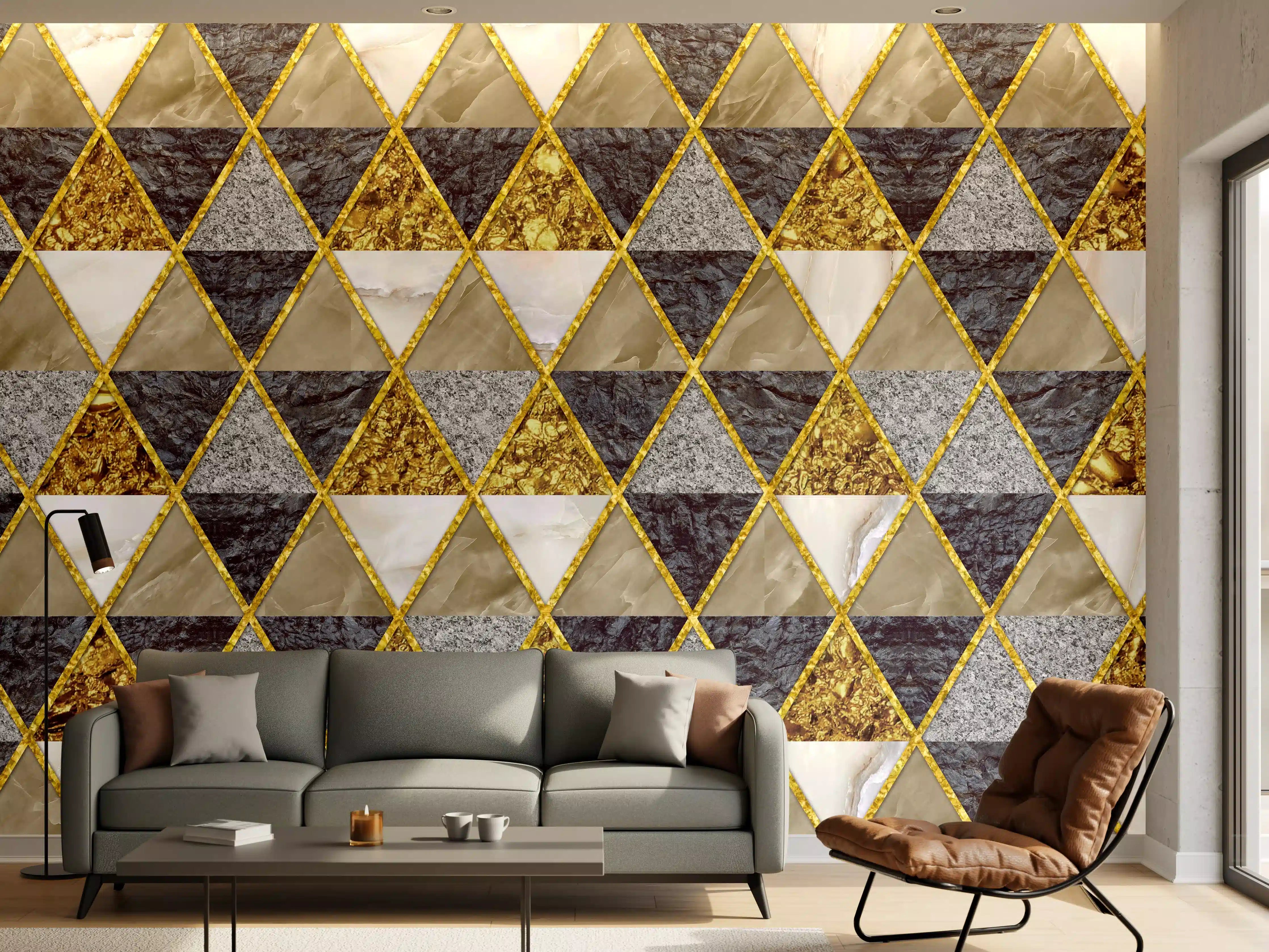 Wandverkleidung Wohnzimmer - Elegantes Mosaik-Design mit Goldakzenten