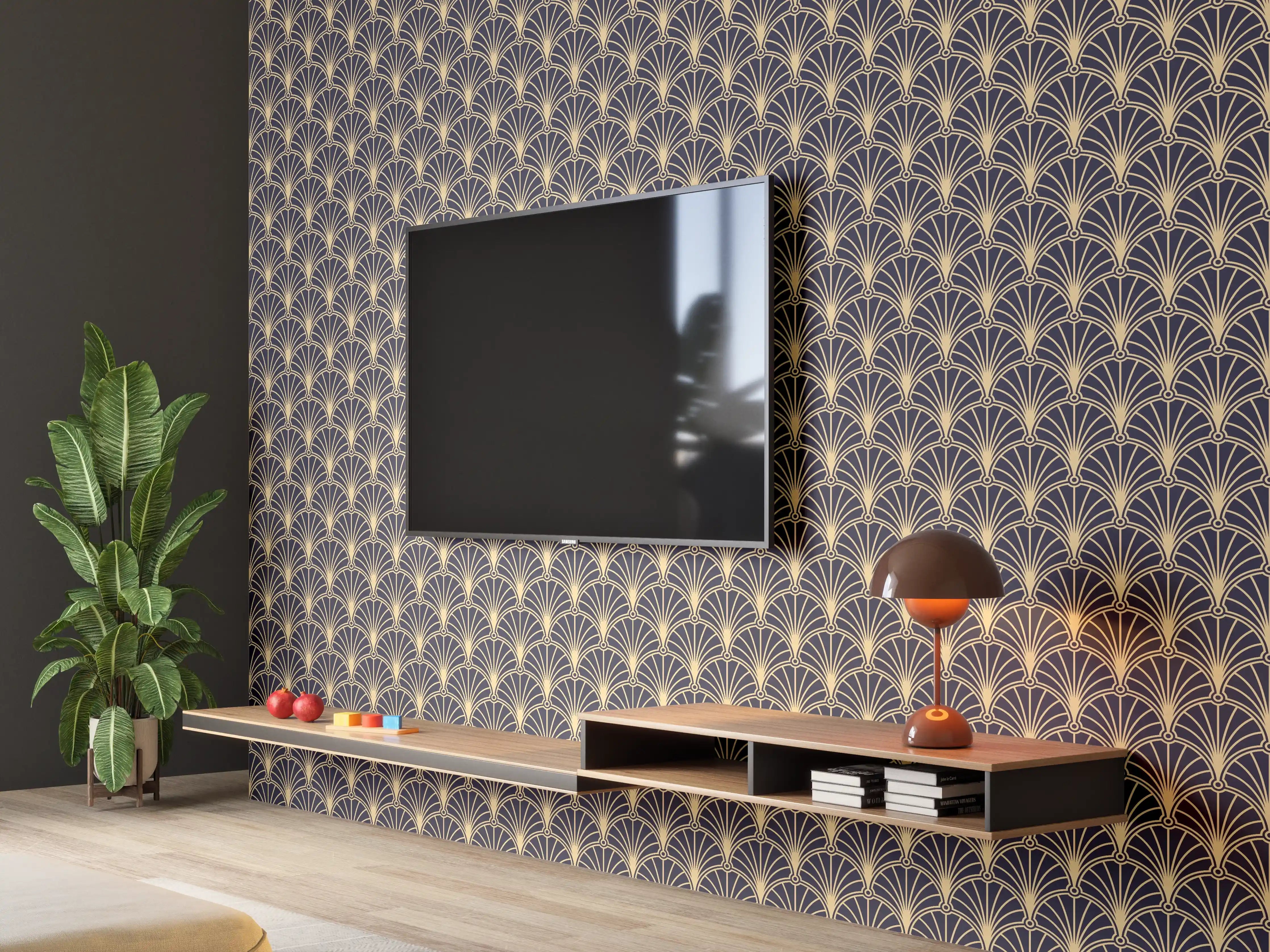 Wandverkleidung Wohnzimmer - Elegantes Muster in Dunkelblau und Gold