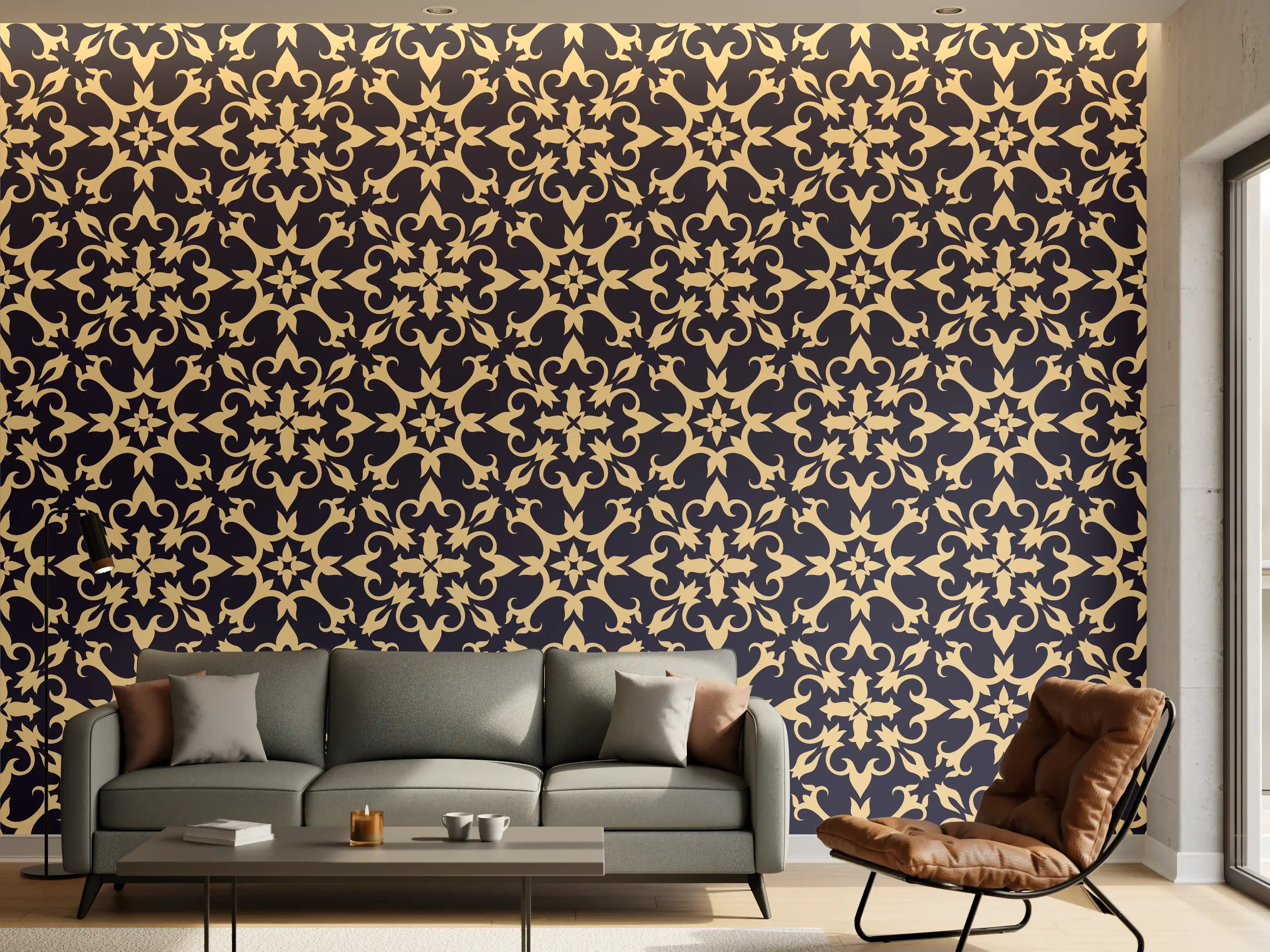 Wandverkleidung Wohnzimmer - Elegantes Mustermotiv in Dunkelblau und Beige
