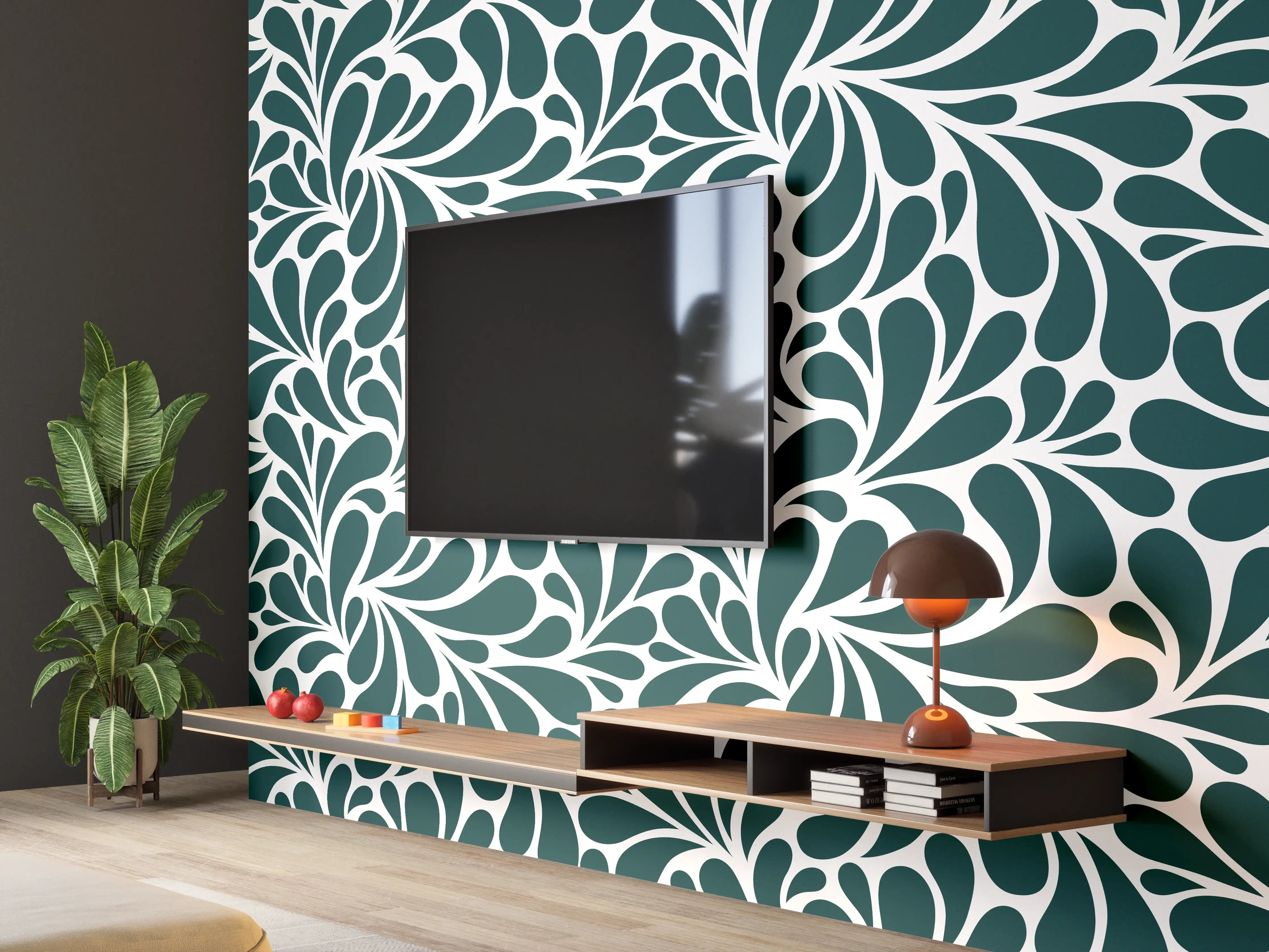Wandverkleidung Wohnzimmer - Elegantes Ornamentmuster in Dunkeltönen
