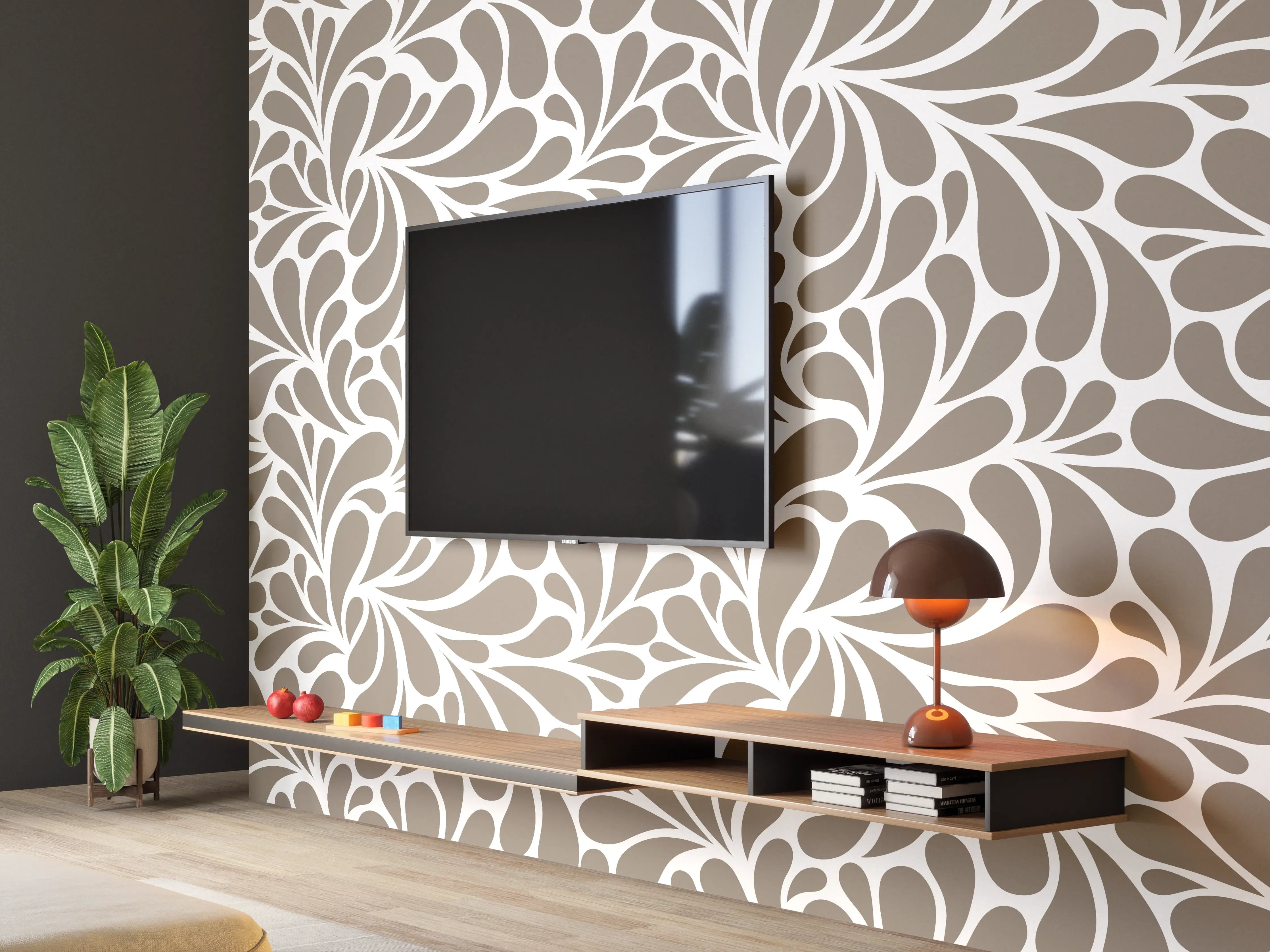 Wandverkleidung Wohnzimmer - Elegantes Ornamentmuster in Neutralfarben