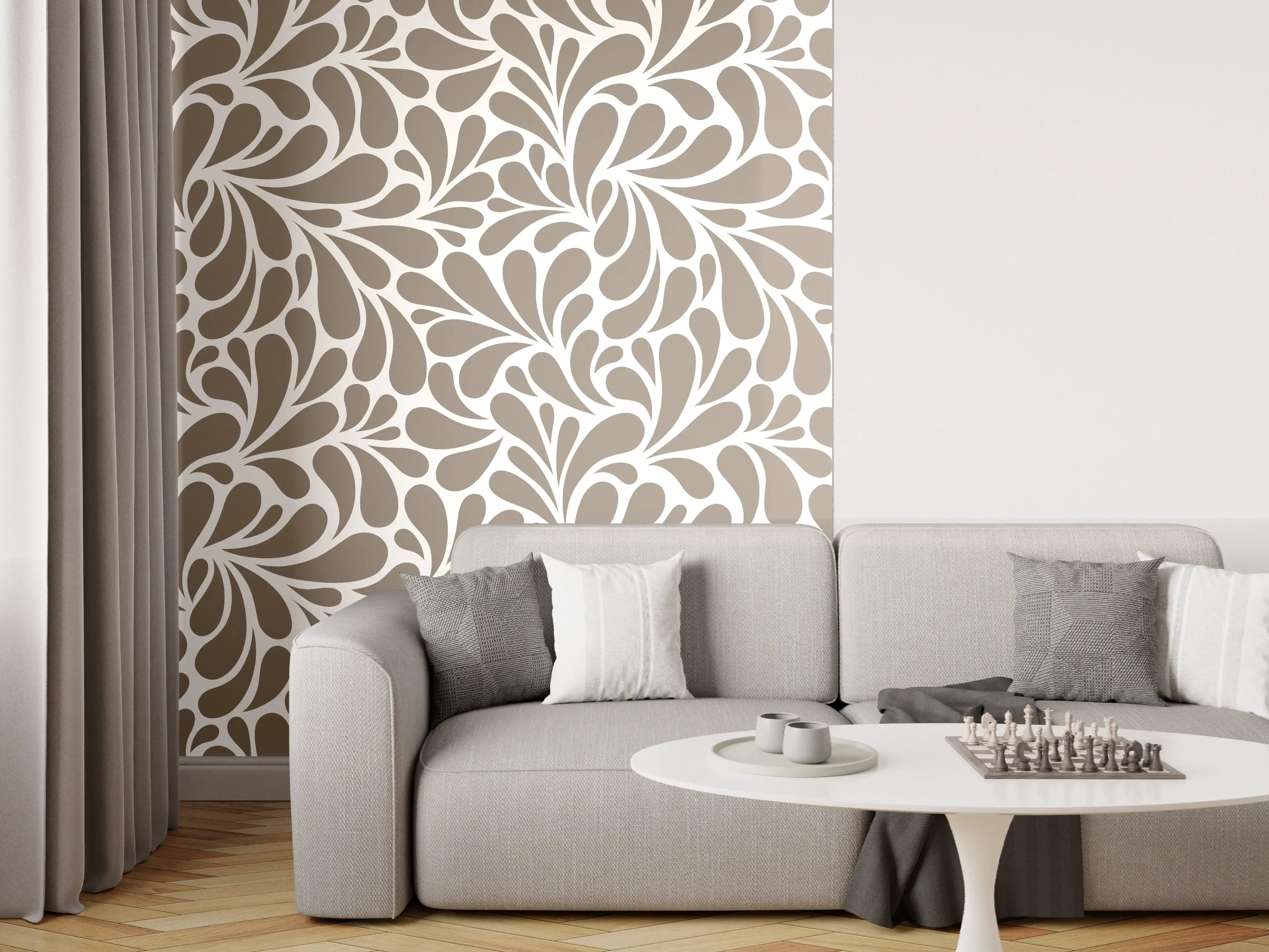 Wandverkleidung Wohnzimmer - Elegantes Ornamentmuster in Neutralfarben