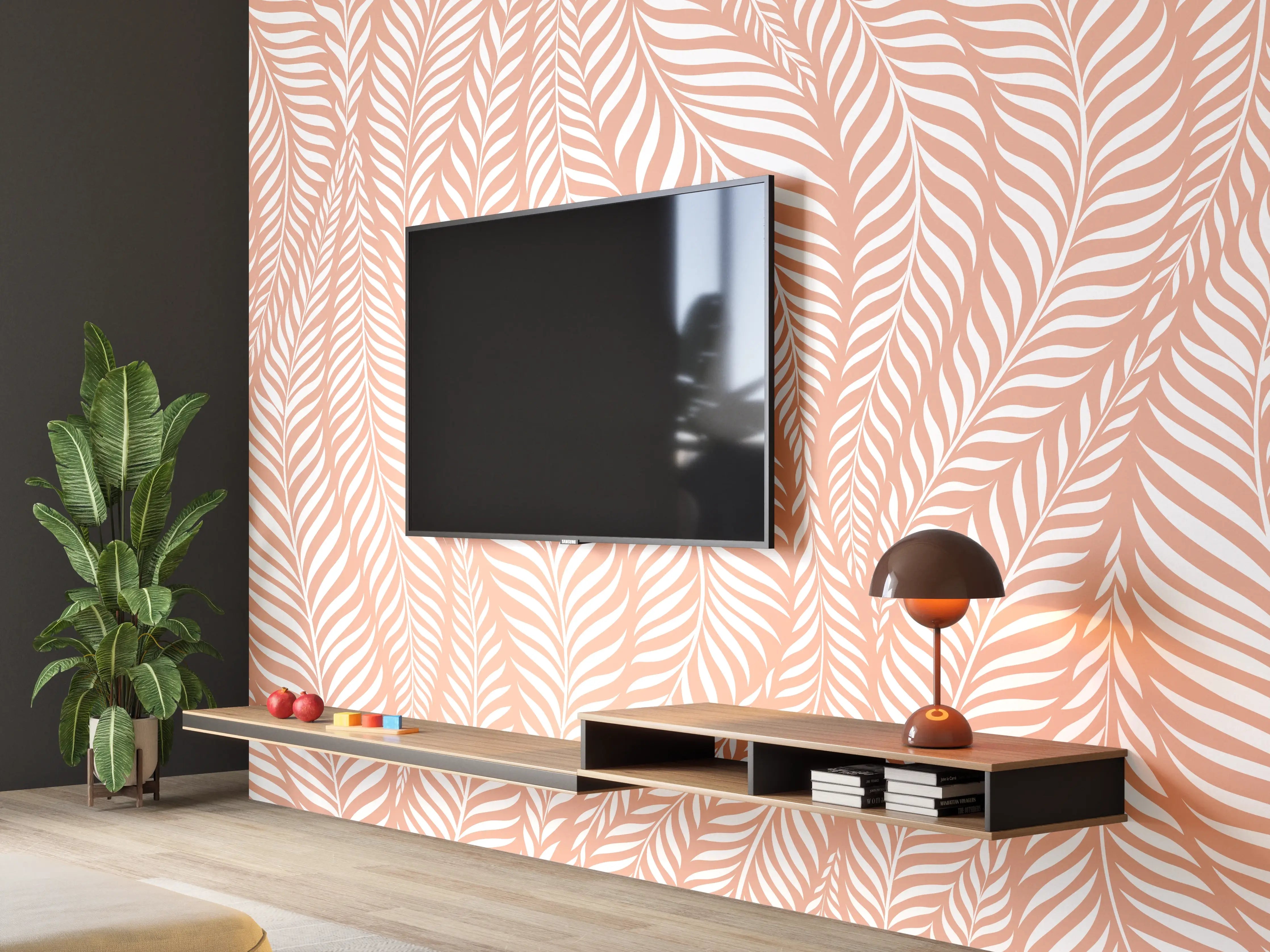 Wandverkleidung Wohnzimmer - Elegantes Palmendesign in Pastellfarben