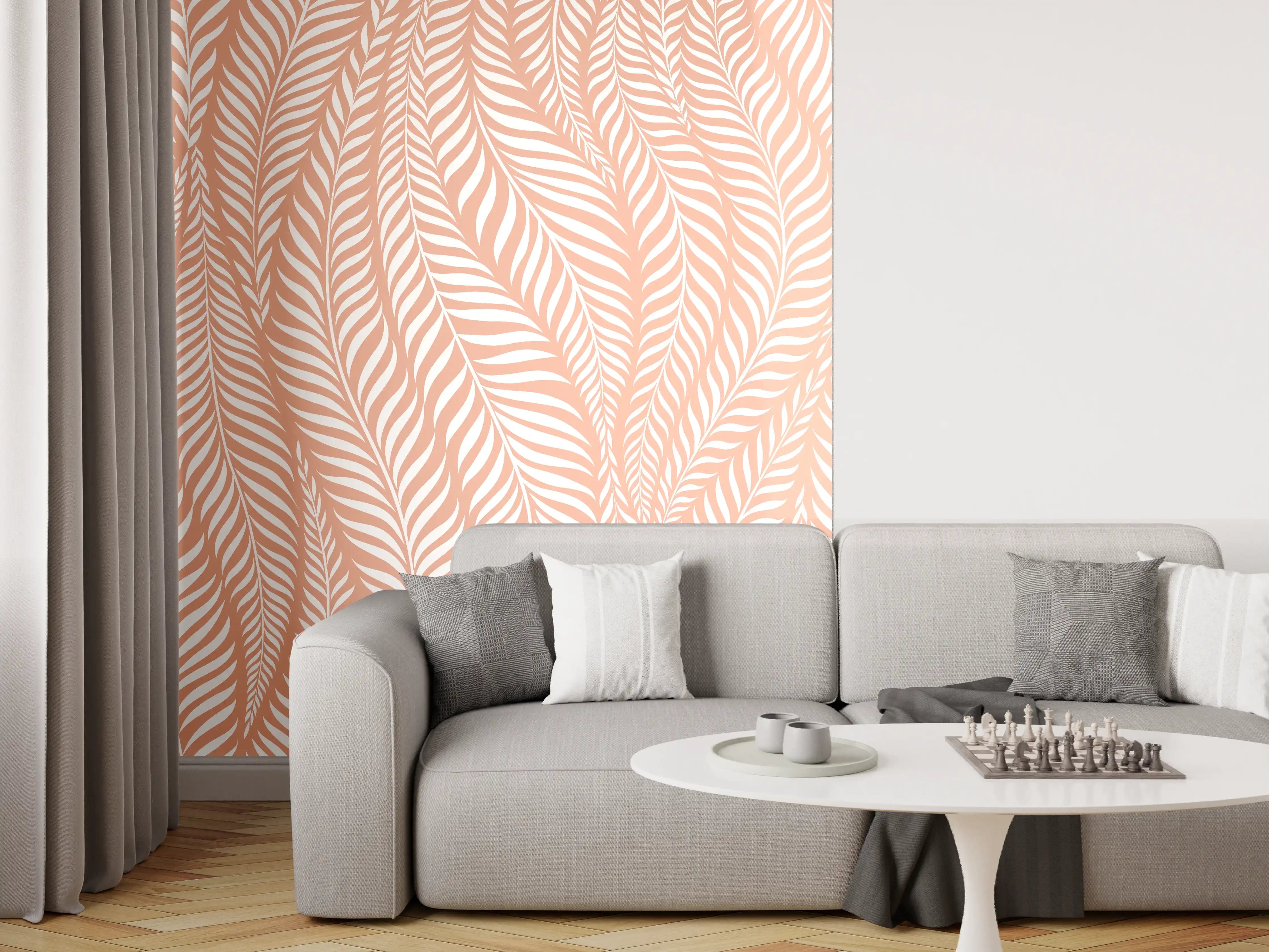 Wandverkleidung Wohnzimmer - Elegantes Palmendesign in Pastellfarben