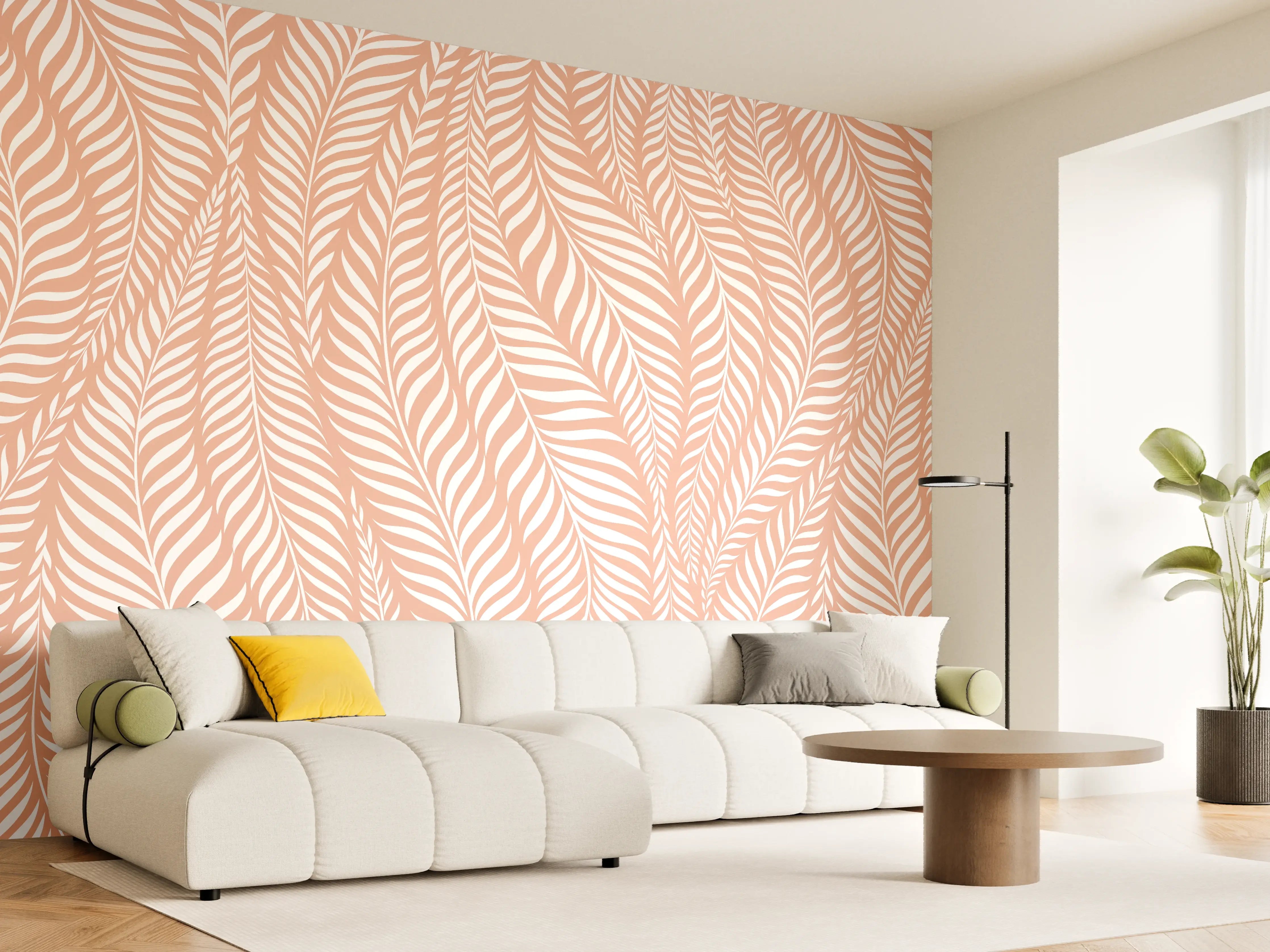 Wandverkleidung Wohnzimmer - Elegantes Palmendesign in Pastellfarben