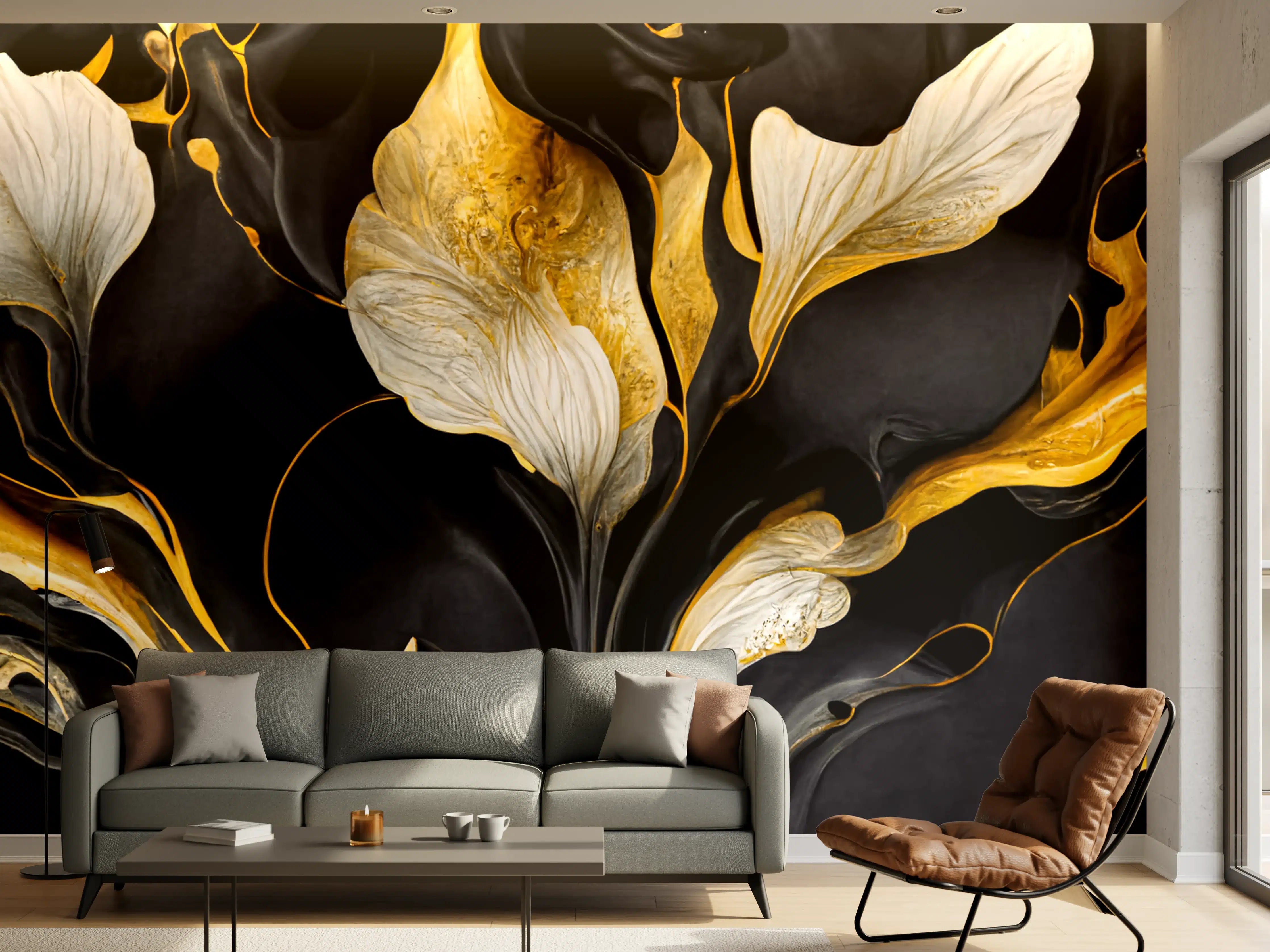 Wandverkleidung Wohnzimmer - Elegantes Schwarz-Gold-Design