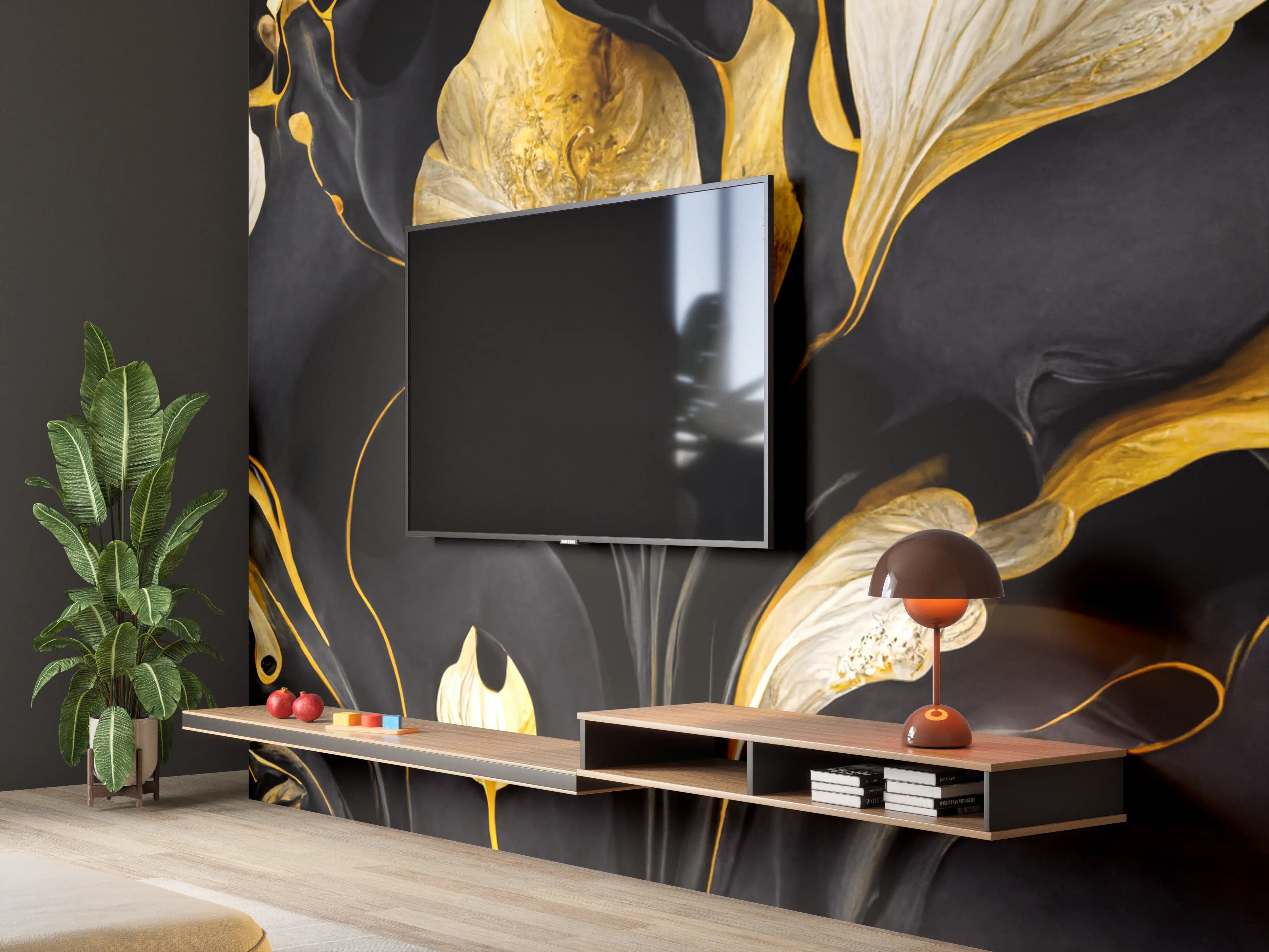 Wandverkleidung Wohnzimmer - Elegantes Schwarz-Gold-Design