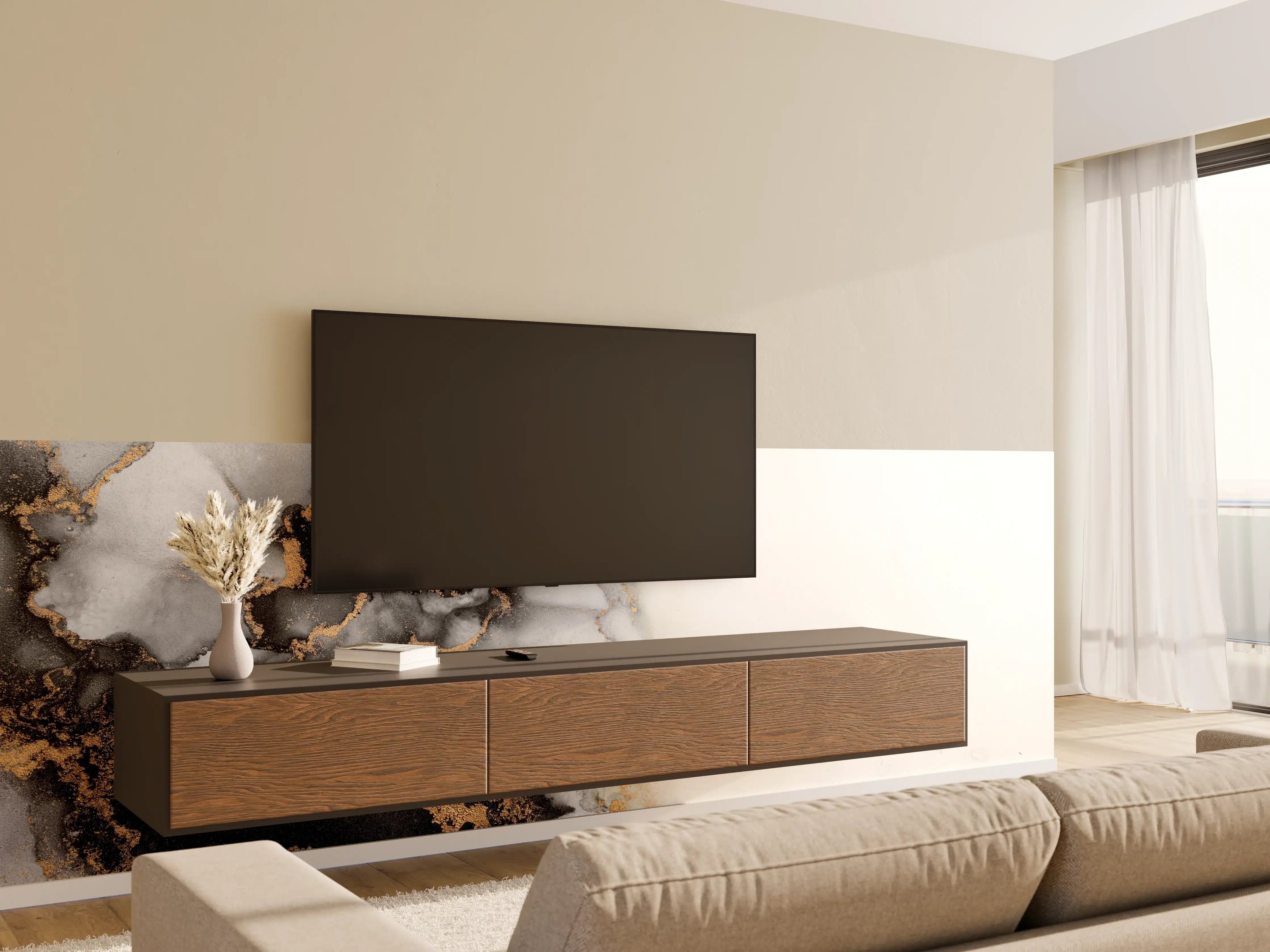 Wandverkleidung Wohnzimmer - Elegantes Schwarz-Gold-Marble-Design