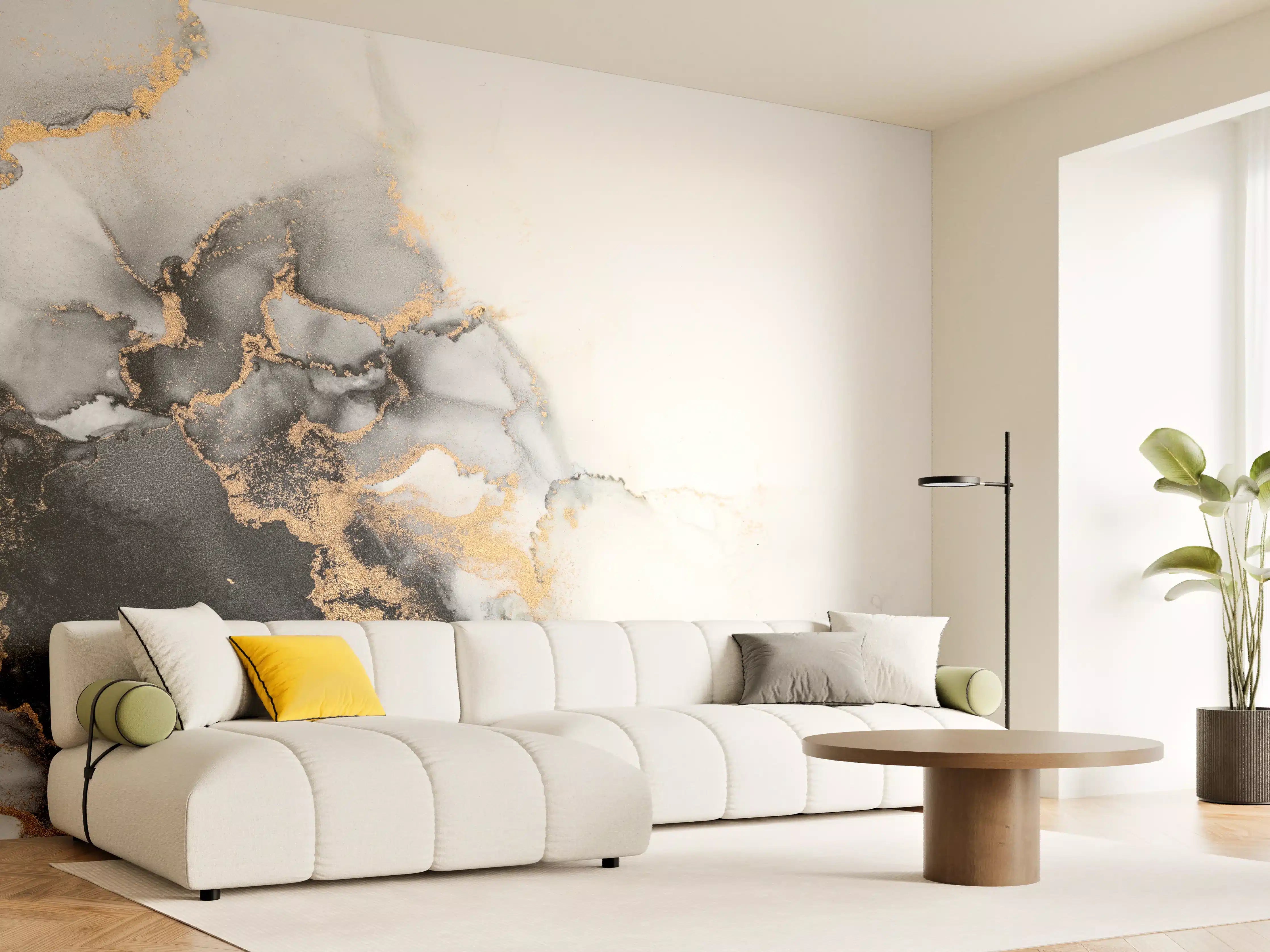 Wandverkleidung Wohnzimmer - Elegantes Schwarz-Gold-Marble-Design